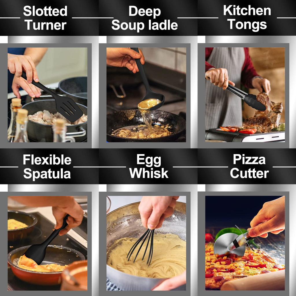 43 Pcs AIKKIL Silicone Kitchen Utensils Set, Heat Resistant Silicone Cooking Kitchen Utensils Set with Holder, Turner, Spatula, Kitchen Gadgets Tools Set for Nonstick Cookware, Dishwasher(BPA Free)