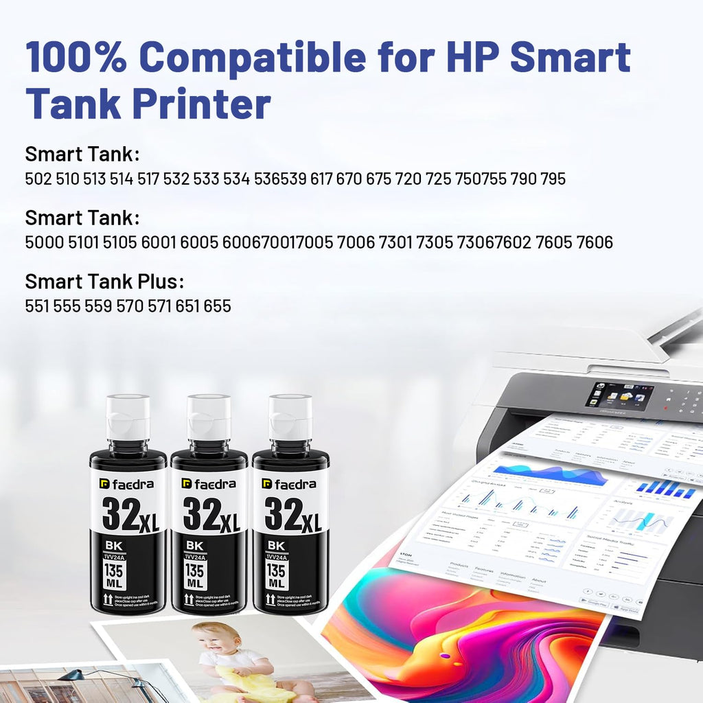 Faedra 32XL Ink Bottle (3 Black) Replacement for HP 31 32XL Ink Bottle Set for HP Smart Tank 6001 7301 7602 7001 5000 5101 5102 5103 651 551 455 457 450 Ink
