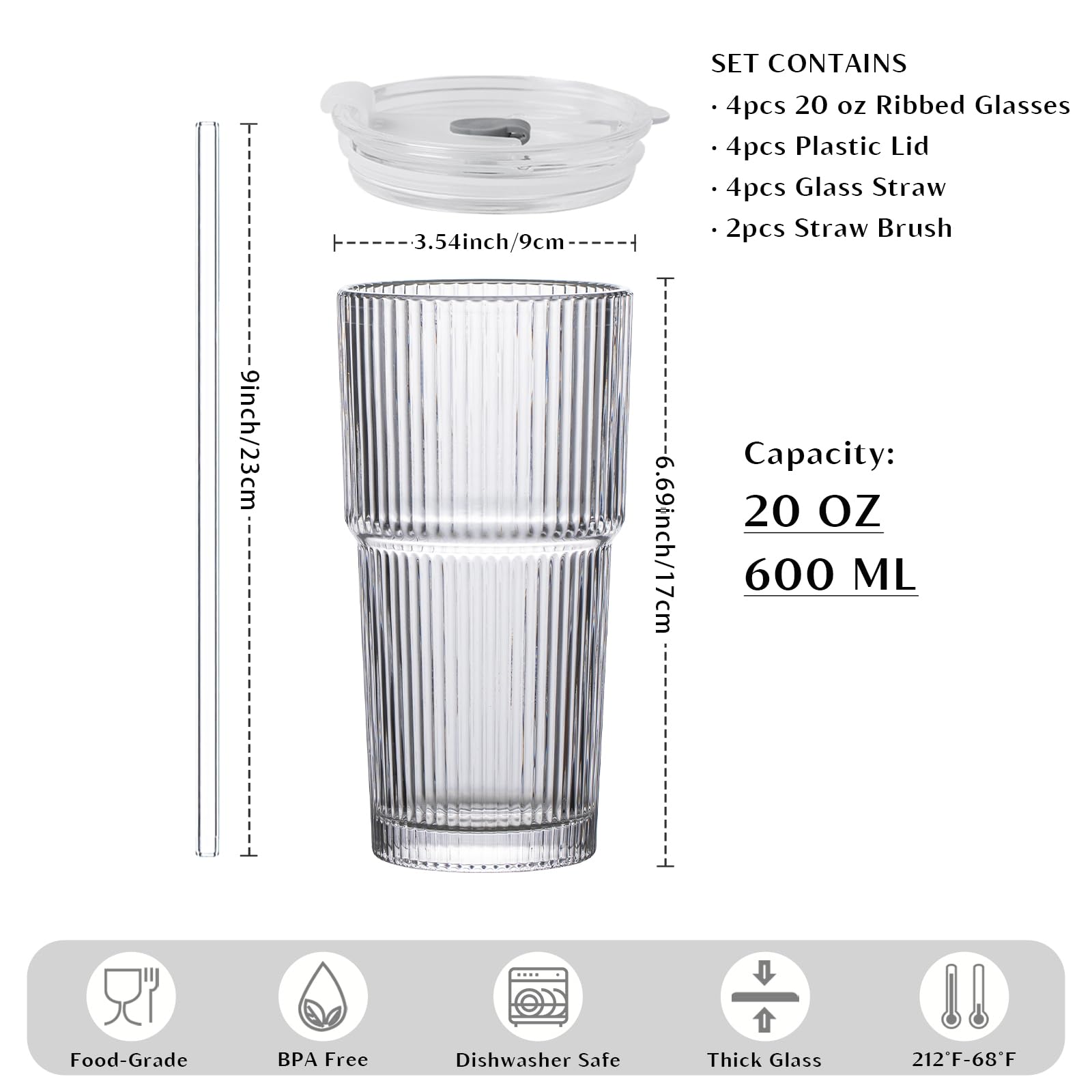 INSETLAN 20 oz Ribbed Glass Tumblers with Lids and Glass Straws – 4-Piece Glassware Set, Heavy-Duty Tumblers, Ideal for Iced Coffee, Smoothies, Cocktails, and Juices – Elegant and Durable Drinkware