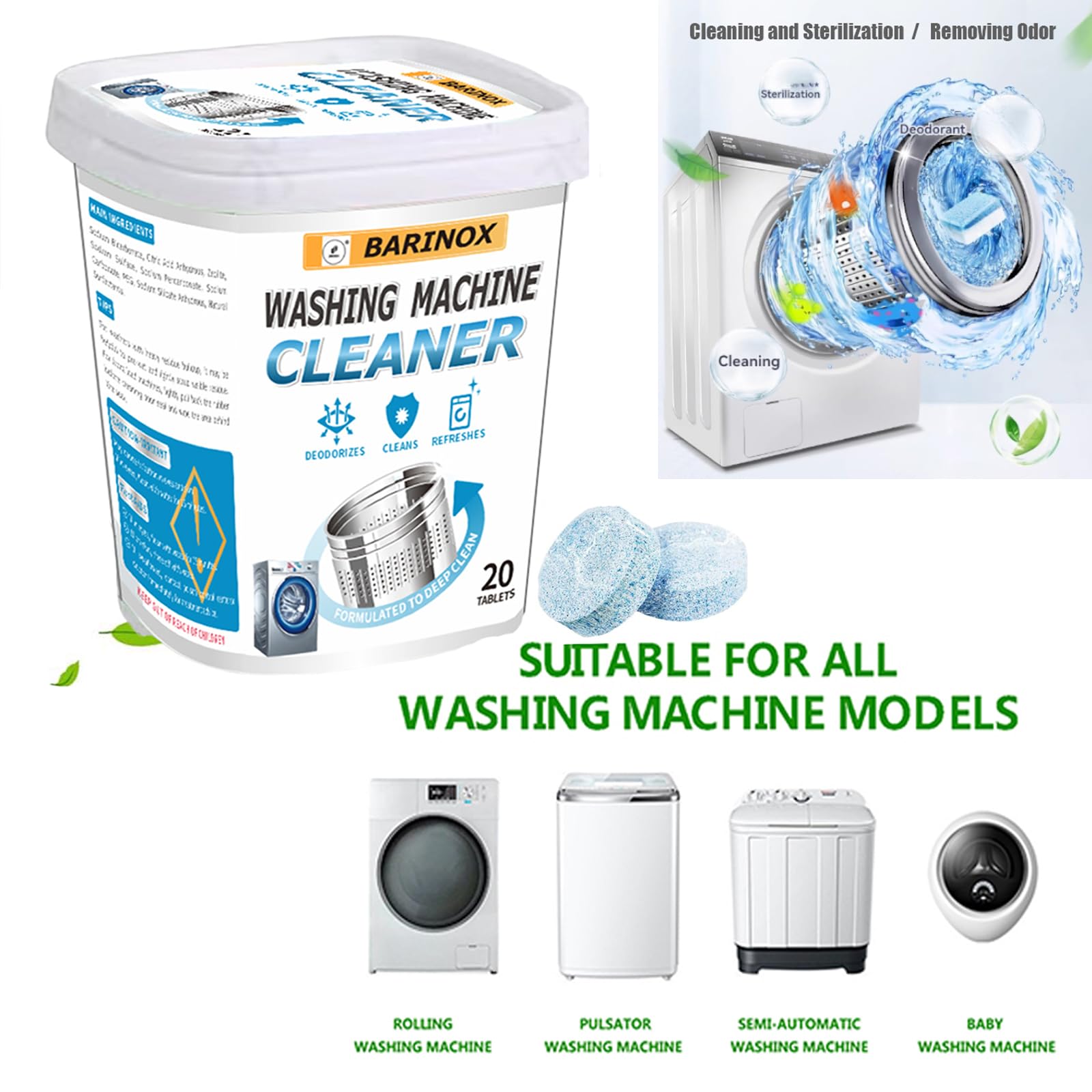BARINOX Washing Machine Cleaner and Washing Machine Stain Remover Gel, Includes 20ct Washer Cleaning Tablets and 7 oz Household Stain Remover Gel- 2 IN 1 KIT - PERFECT FORMULA FOR WASHING MACHINES