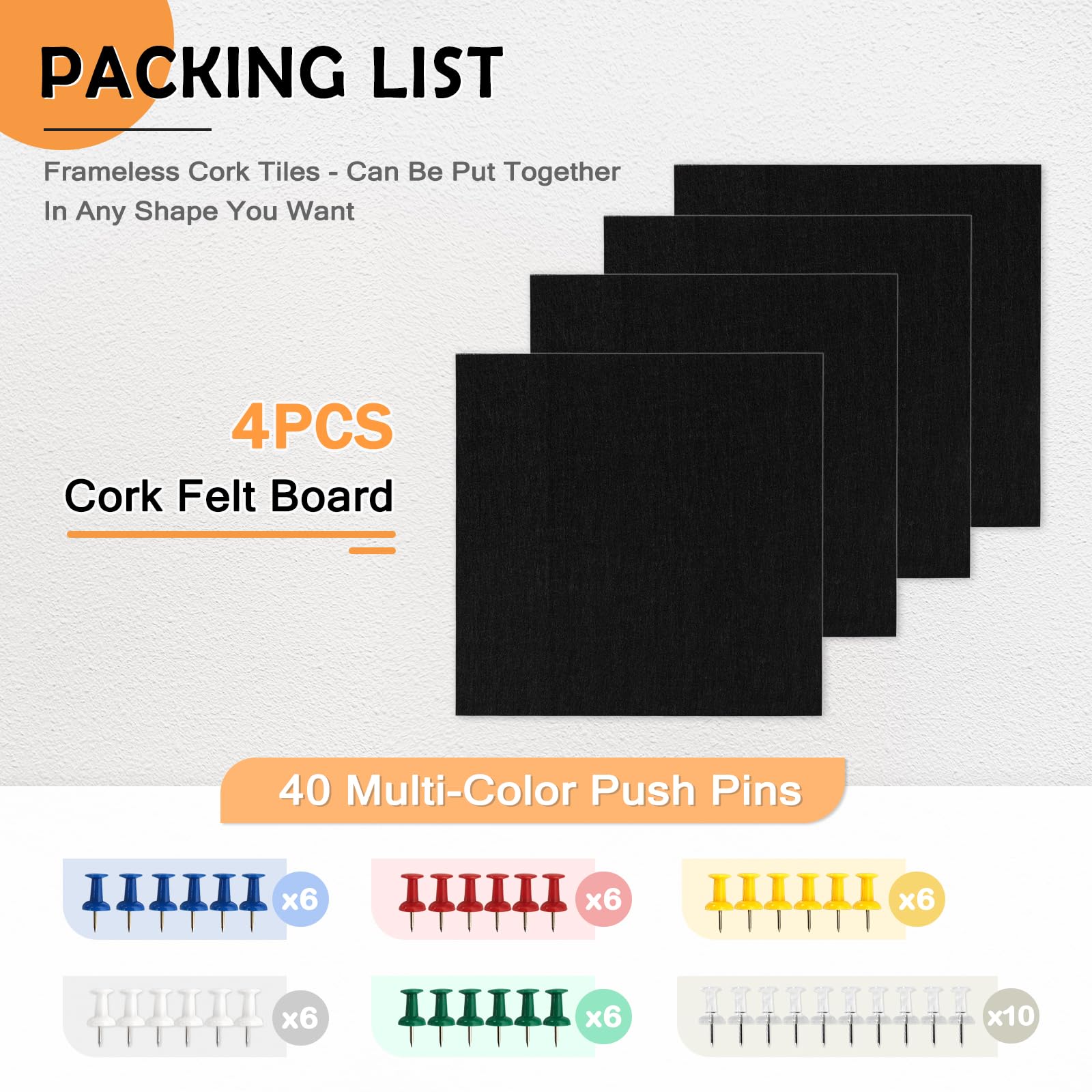 AMUSIGHT Large Cork Board Tiles, 4 Packs 12" x 12" 1/2" Thick Cork Bulletin Board Felt Board Self Adhesive Cork Boards for Walls Home Office Kitchen School, 40 Push pins, Black