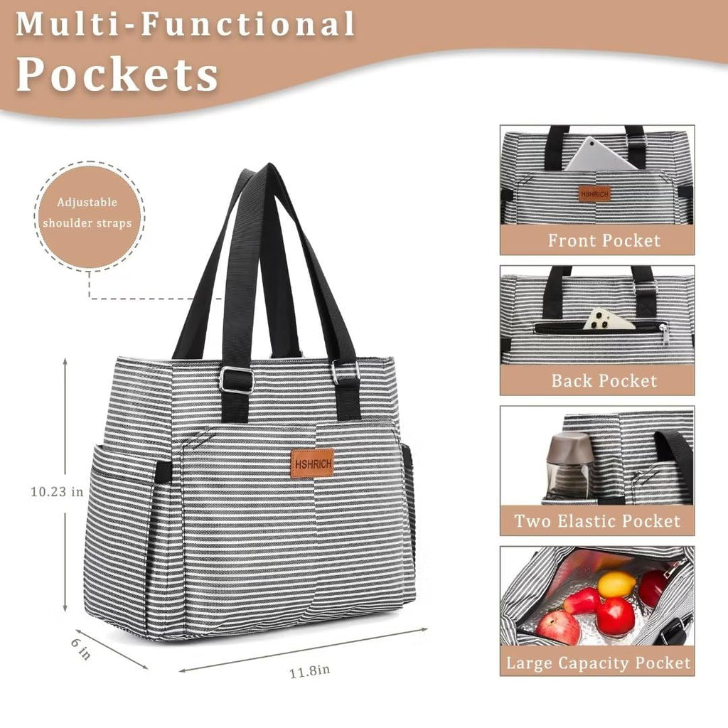 Large Women Lunch Bags for Work/Insulated Adult Lunch Box for Women/Leakproof Cooler Lunch Tote Bag with Storage Pocket. Reusable Lunch Cooler Purse for Work Picnic Hiking 12L, Stripe
