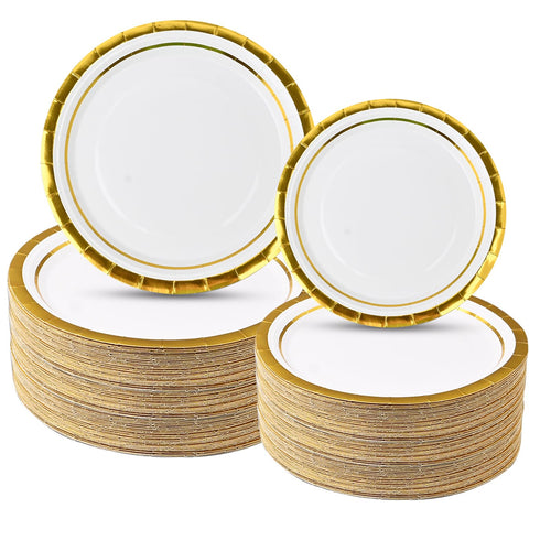 100 Pieces Gold Rimmed Plates Bulk, Heavy Duty Disposable Paper Plates Round Party Plates, 9 Inch Dinner Plates & 7 Inch Dessert Plates for Wedding, Birthday, Baby Showe