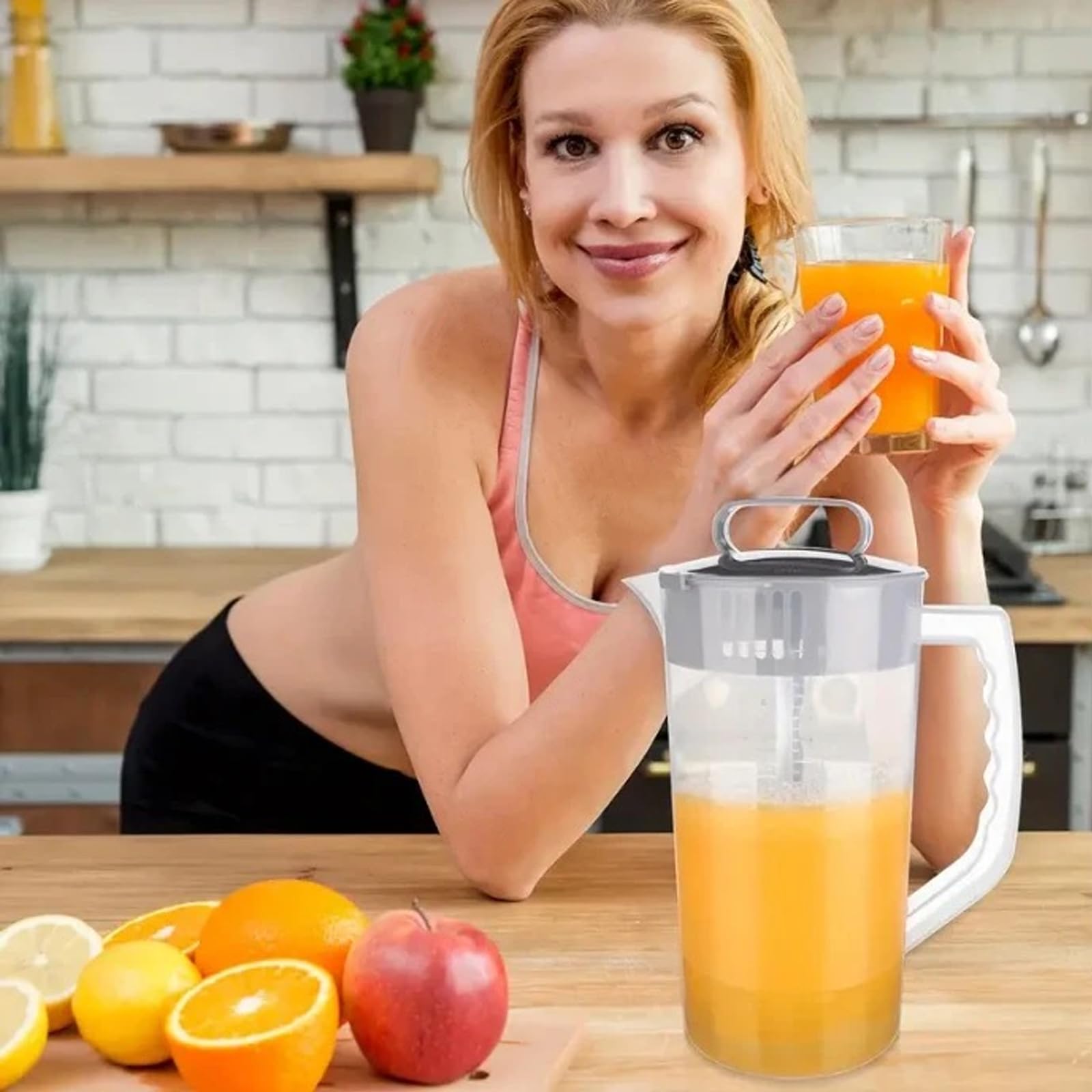 MYLEUS Drink Mixing Pitcher, 2.1qt with Lid & Sponge Brush, Wide Mouth Juice Pitcher, Adjustable Mixer Plunger, for Juice Tea Milk Lemonade