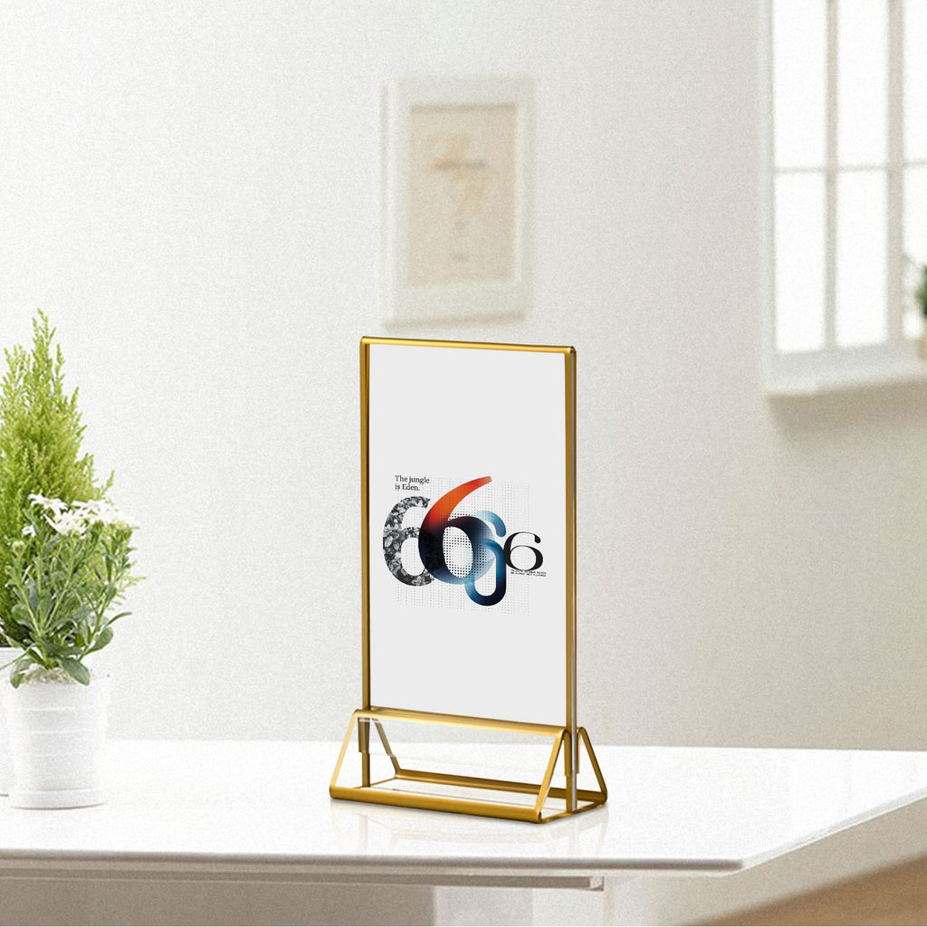 Acrylic Gold Sign Holders, 4x6 Vertical Clear Picture Frames with Gold Borders, Double Sided Table Menu Display Stand for Restaurant Signs, Wedding Table Numbers, Photos and Art Display - 6 Pack