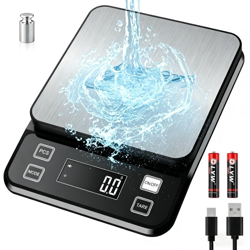 Waterproof Food Scale Rechargeable, [0.1g-10kg/22lb] Diyife Plug in Kitchen Scale with Adjustable LCD Display, 10 Units, Tare, PCS Counting, Auto Off, 304 Stainless Steel, Wall Mount for Cooking
