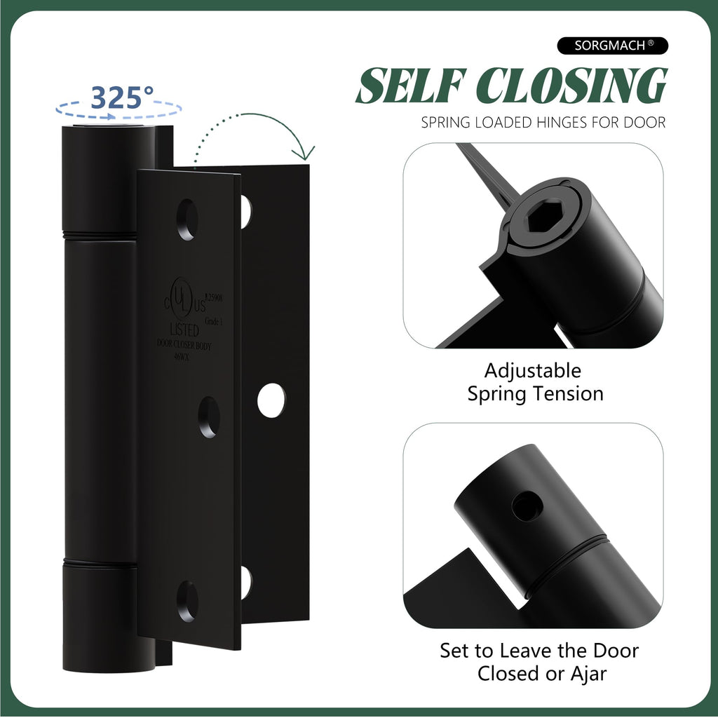 3 Pack Self Closing Door Hinges 3.5 inch Matte Black Spring Loaded Auto Close Hinges Square Corners Adjustable Tension for Interior Door 3 1/2 Auto Self-Closing Hinge