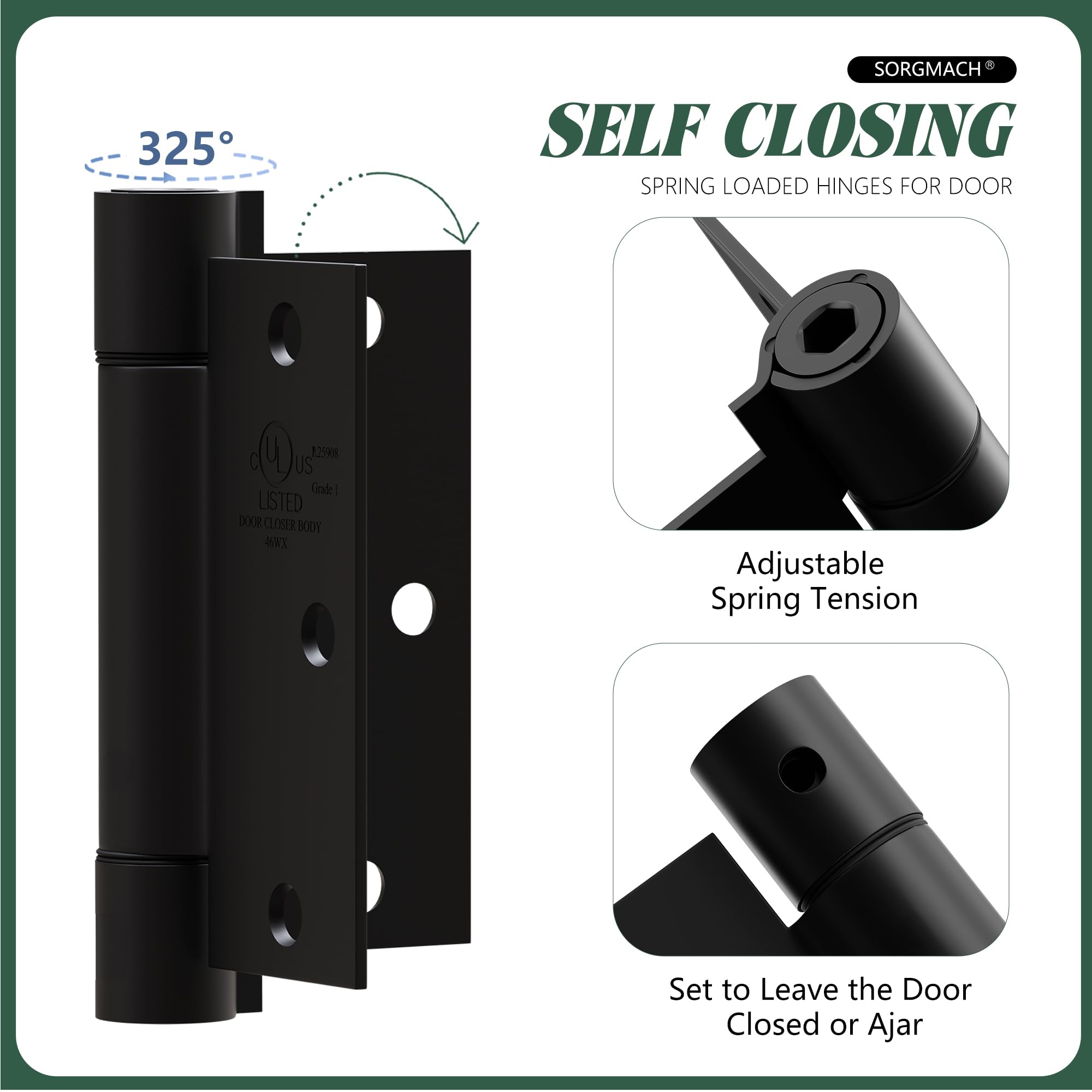 3 Pack Self Closing Door Hinges 3.5 inch Matte Black Spring Loaded Auto Close Hinges Square Corners Adjustable Tension for Interior Door 3 1/2 Auto Self-Closing Hinge