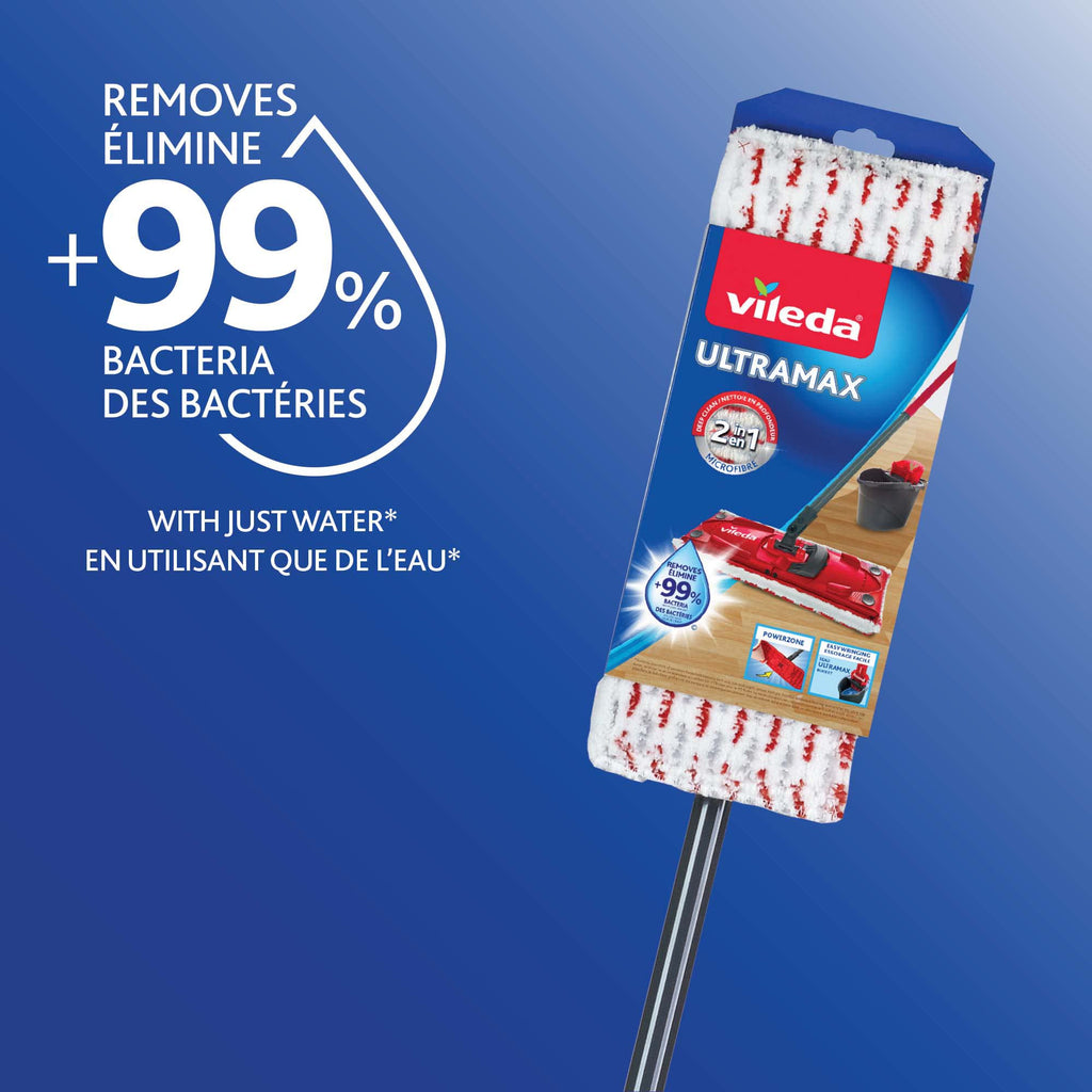 Vileda UltraMax Flat Mop with Multi-Piece Handle | Perfect Mop for Walls and Ceilings | Machine-Washable Mop Head