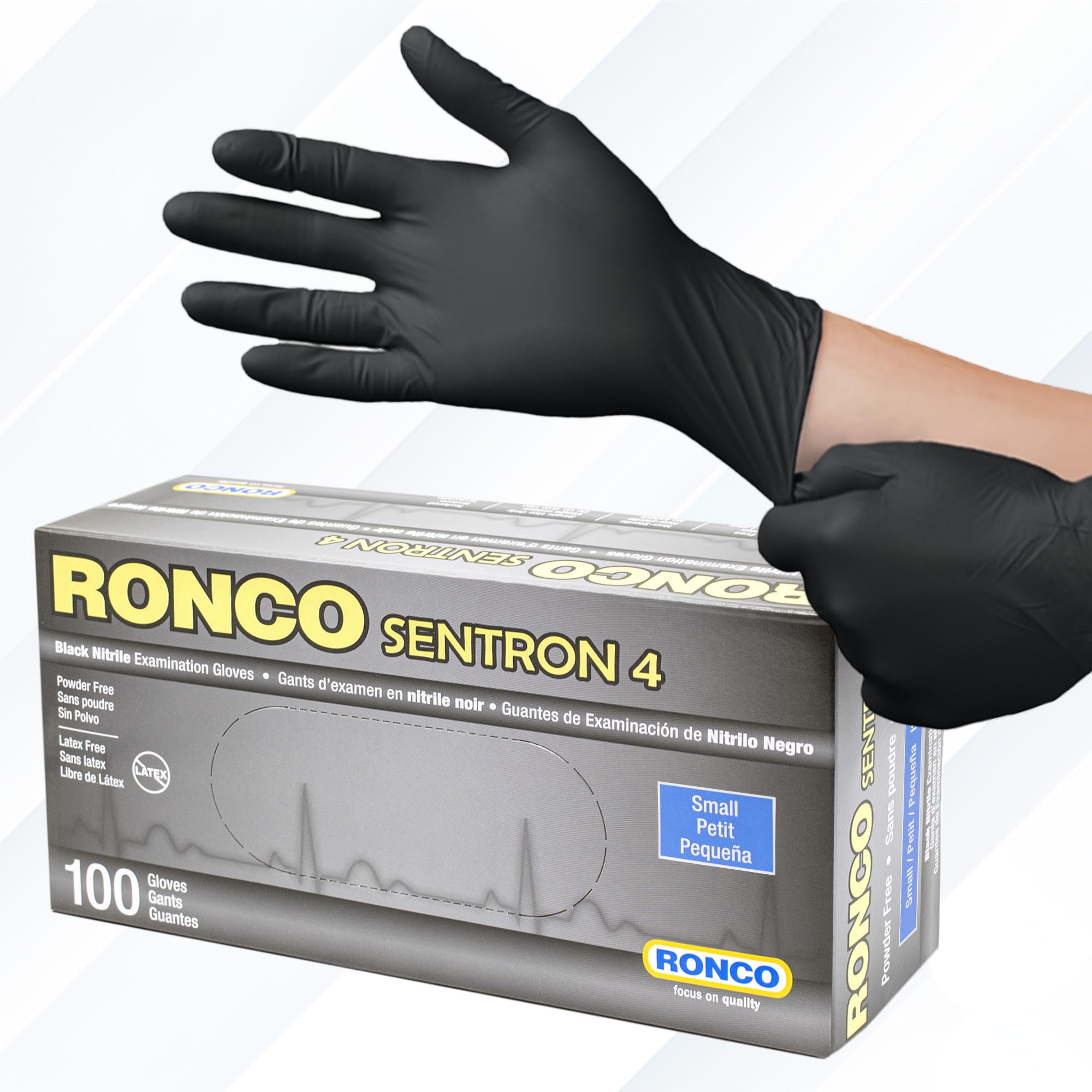 Black Disposable Nitrile Gloves, Small, Heavy Duty, Powder-Free, Industrial Grade, 4 MIL Thickness, Texture, Ronco Sentron4 (Small) 100 Gloves