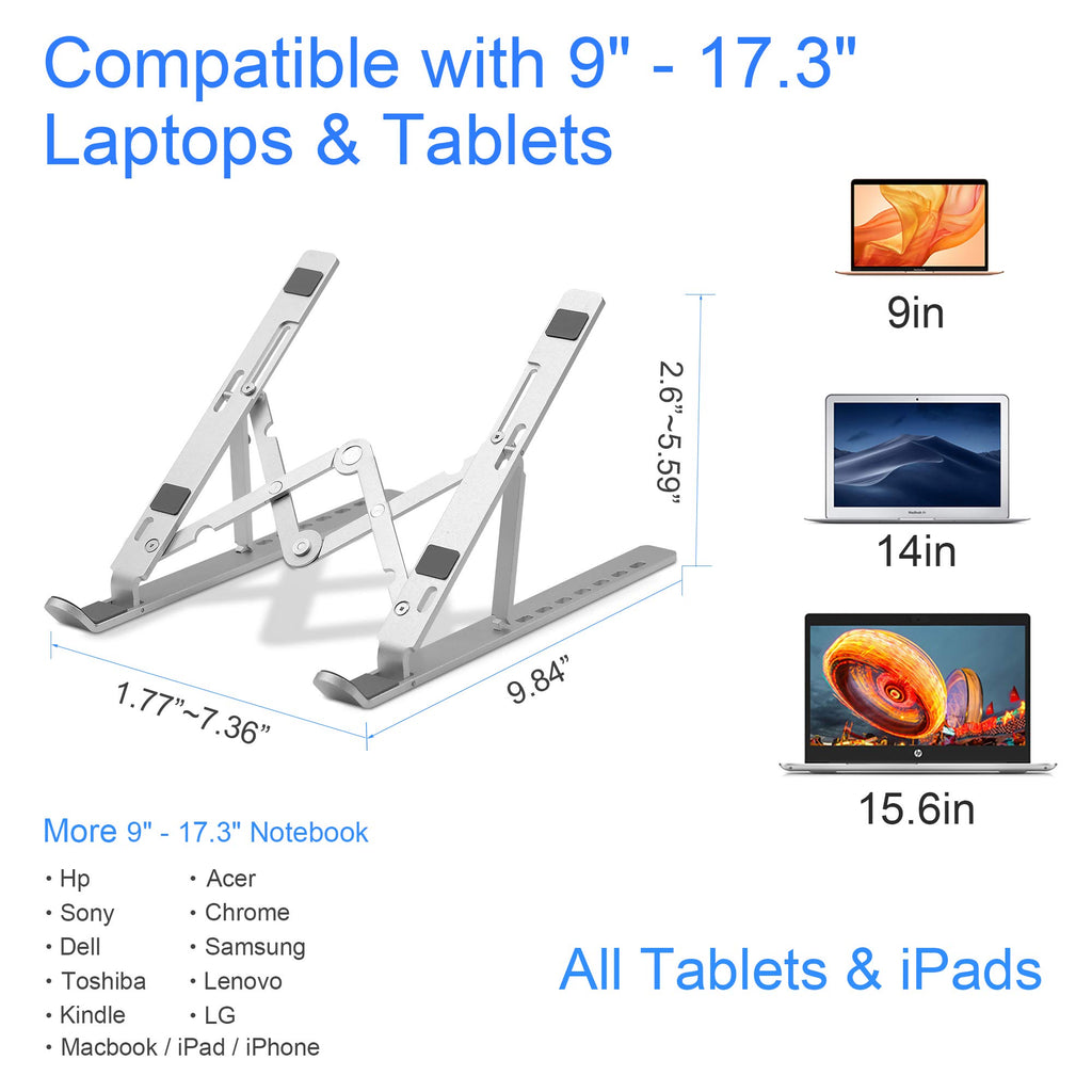 Adjustable Laptop Stand, Portable Folding Laptop Riser, 7-Levels Ventilated Aluminum Laptop Holder for Desk, Ergonomic Universal Computer Stand, Compatible with 9-17" Laptop, Silver