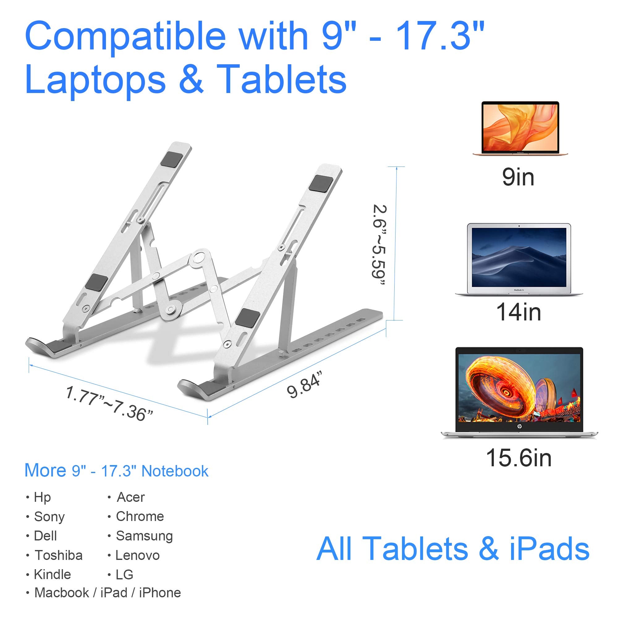 Adjustable Laptop Stand, Portable Folding Laptop Riser, 7-Levels Ventilated Aluminum Laptop Holder for Desk, Ergonomic Universal Computer Stand, Compatible with 9-17" Laptop, Silver