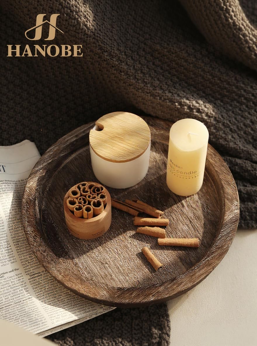 Hanobe Candle Holder Tray Decor: Round Coffee Table Decorative Tray for Home Decor - Farmhouse Wood Plate Circle Display for Living Room Kitchen Centerpiece