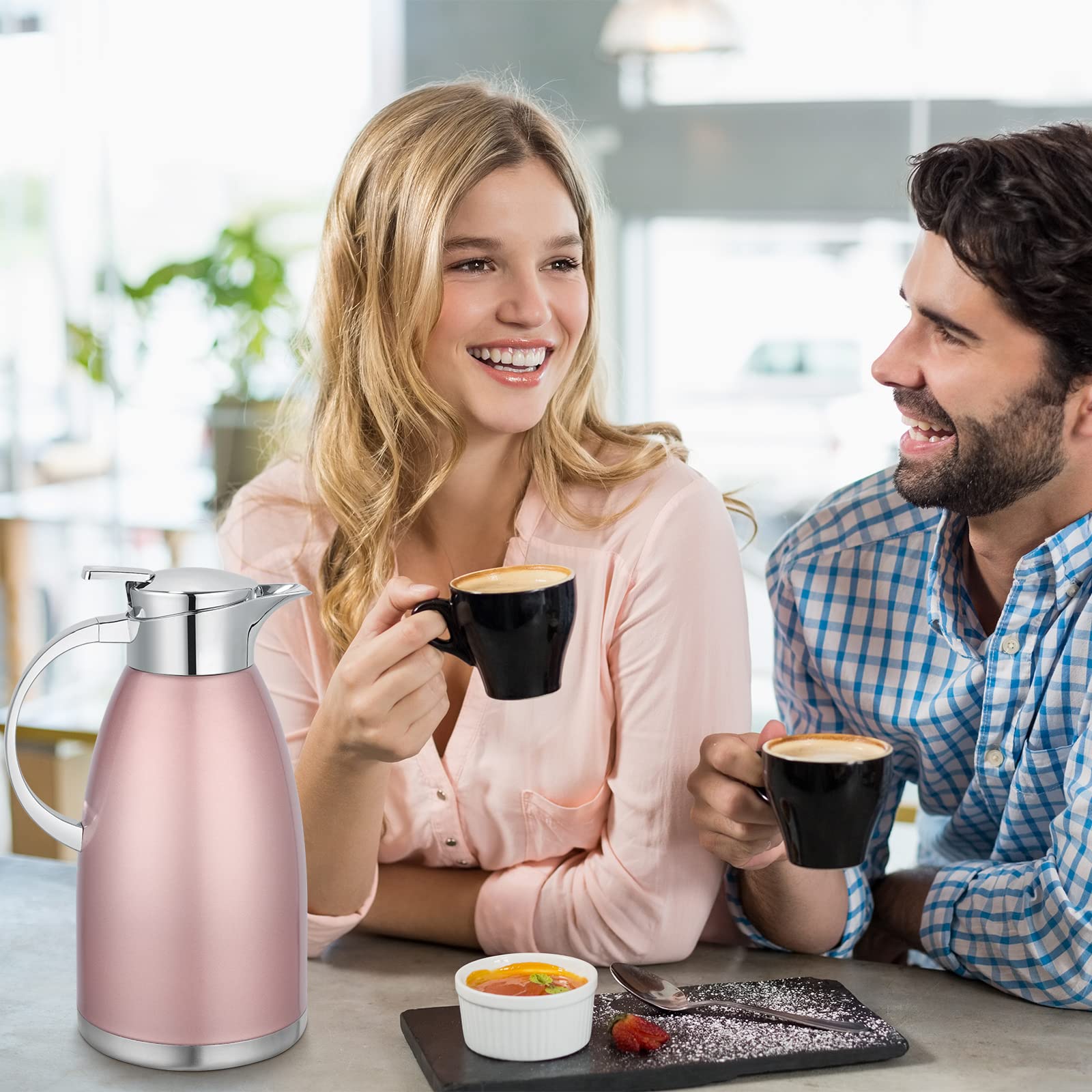 Asiulalt 2.3L/ 78oz Stainless Steel Thermal Carafe, Coffee Carafe Jugs with Lid, Double Walled Vacuum Insulated Coffee Pot with Press Button Top for Coffee/Juice/Milk/Tea etc (Pink)