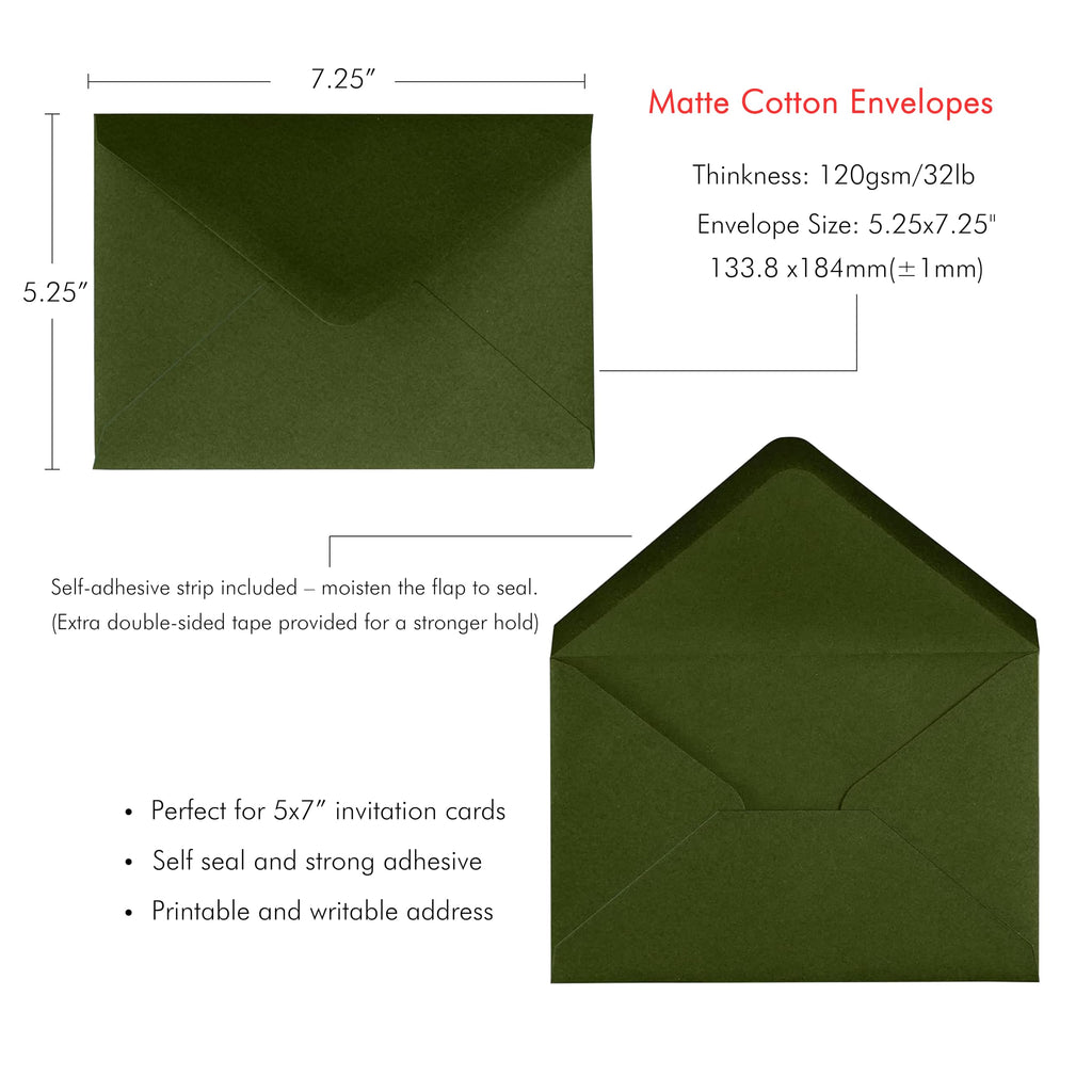 PONATIA 50 PCS/Pack A7 Envelopes, 5.25 x 7.28'' Olive Green Envelopes For 5x7'' Weddings Invitation Cards, Christmas Gift Cards, Acrylic Invitations, Photos and Any 5x7" Inserts