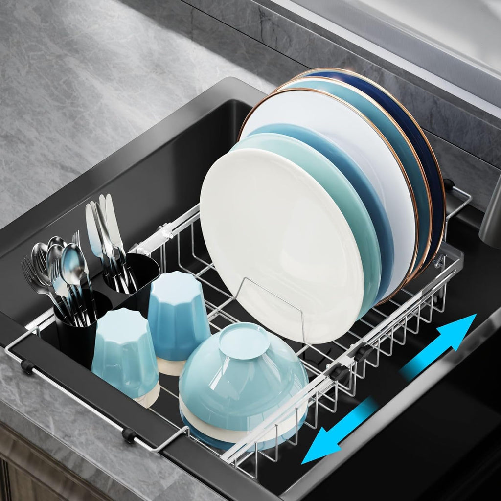 GSlife in Sink Dish Drying Rack - Stainless Steel Capacity Expandable Over The Sink Dish Drainer with Lock Knob and Utensil Holder for Kitchen Sink, 27.4-45.5 L x 32.5 W x 14.5 H cm, Silver