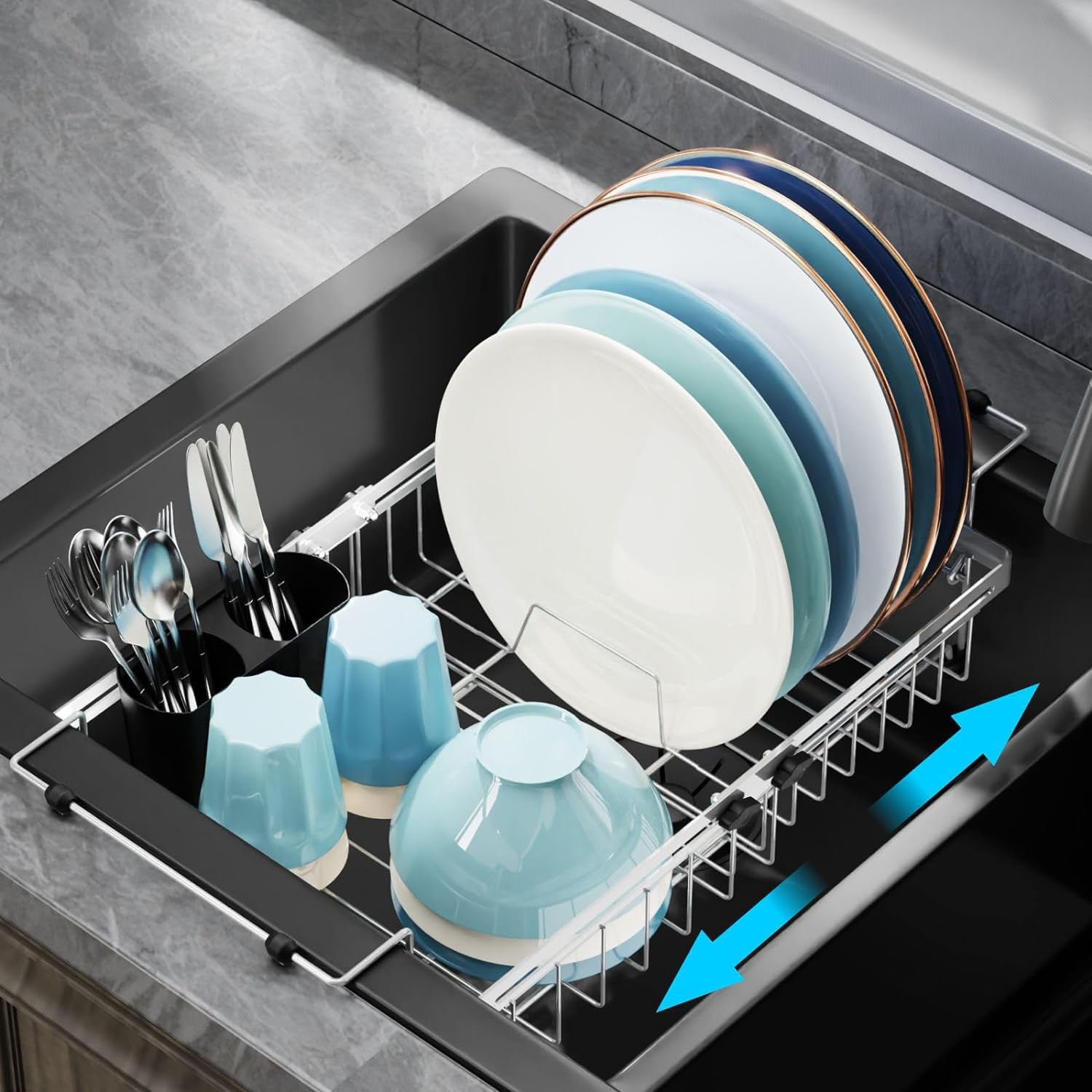 GSlife in Sink Dish Drying Rack - Stainless Steel Capacity Expandable Over The Sink Dish Drainer with Lock Knob and Utensil Holder for Kitchen Sink, 27.4-45.5 L x 32.5 W x 14.5 H cm, Silver