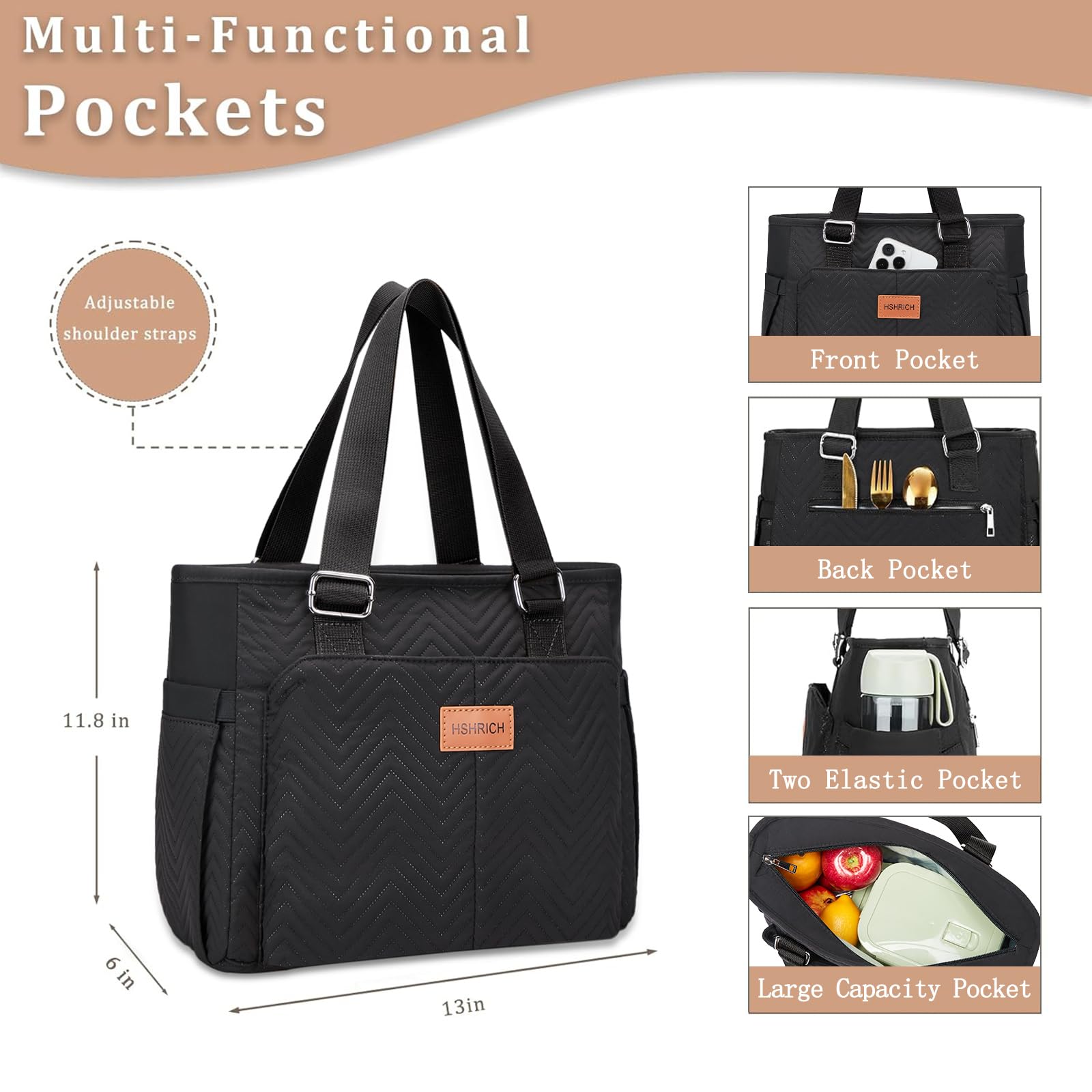 Large Women Lunch Bags for Work/Insulated Adult Lunch Box for Women/Leakproof Cooler Lunch Tote Bag with Storage Pocket. Reusable Lunch Cooler Purse for Work Picnic Hiking 12L, Black