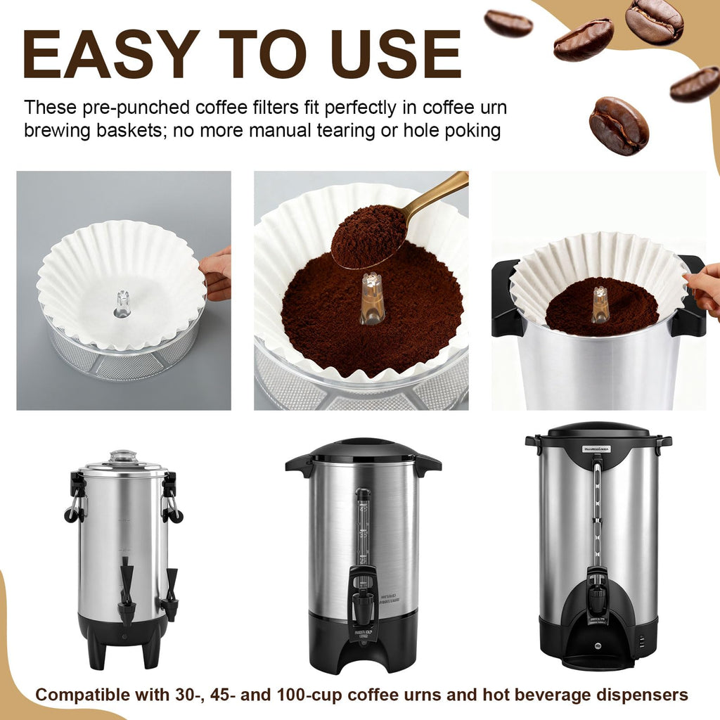 Feifeiya 100 Pcs Pre-Punched Holes Coffee Filters for 100 Cup Coffee Urn Brewing Basket & Hot Beverage Dispenser 9.8 x 4.3 Inch Disposable Natural Wood Pulp Paper Filters with Tall-Sided Design