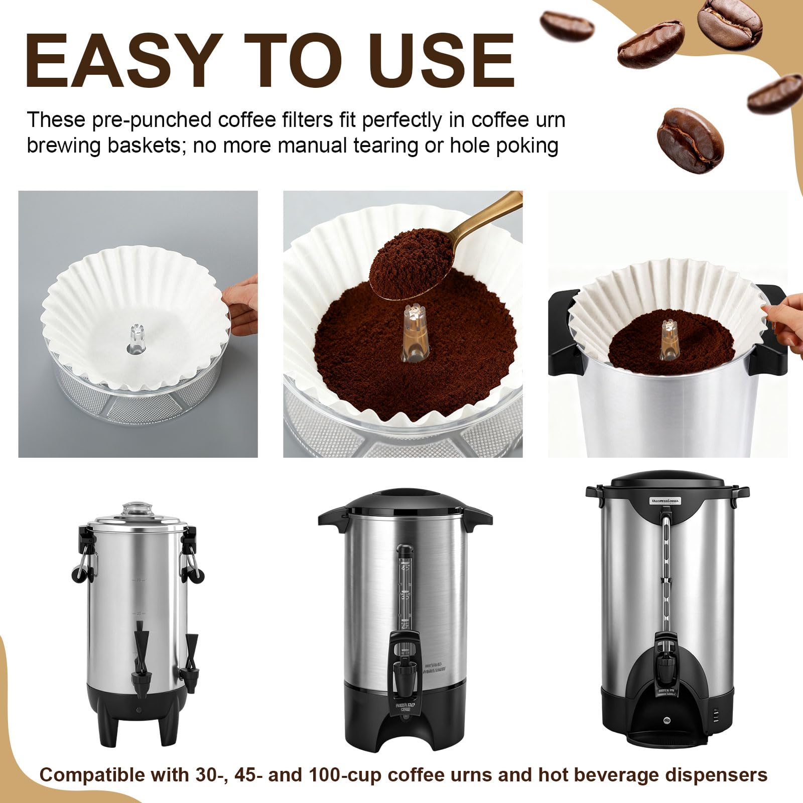 Feifeiya 100 Pcs Pre-Punched Holes Coffee Filters for 100 Cup Coffee Urn Brewing Basket & Hot Beverage Dispenser 9.8 x 4.3 Inch Disposable Natural Wood Pulp Paper Filters with Tall-Sided Design