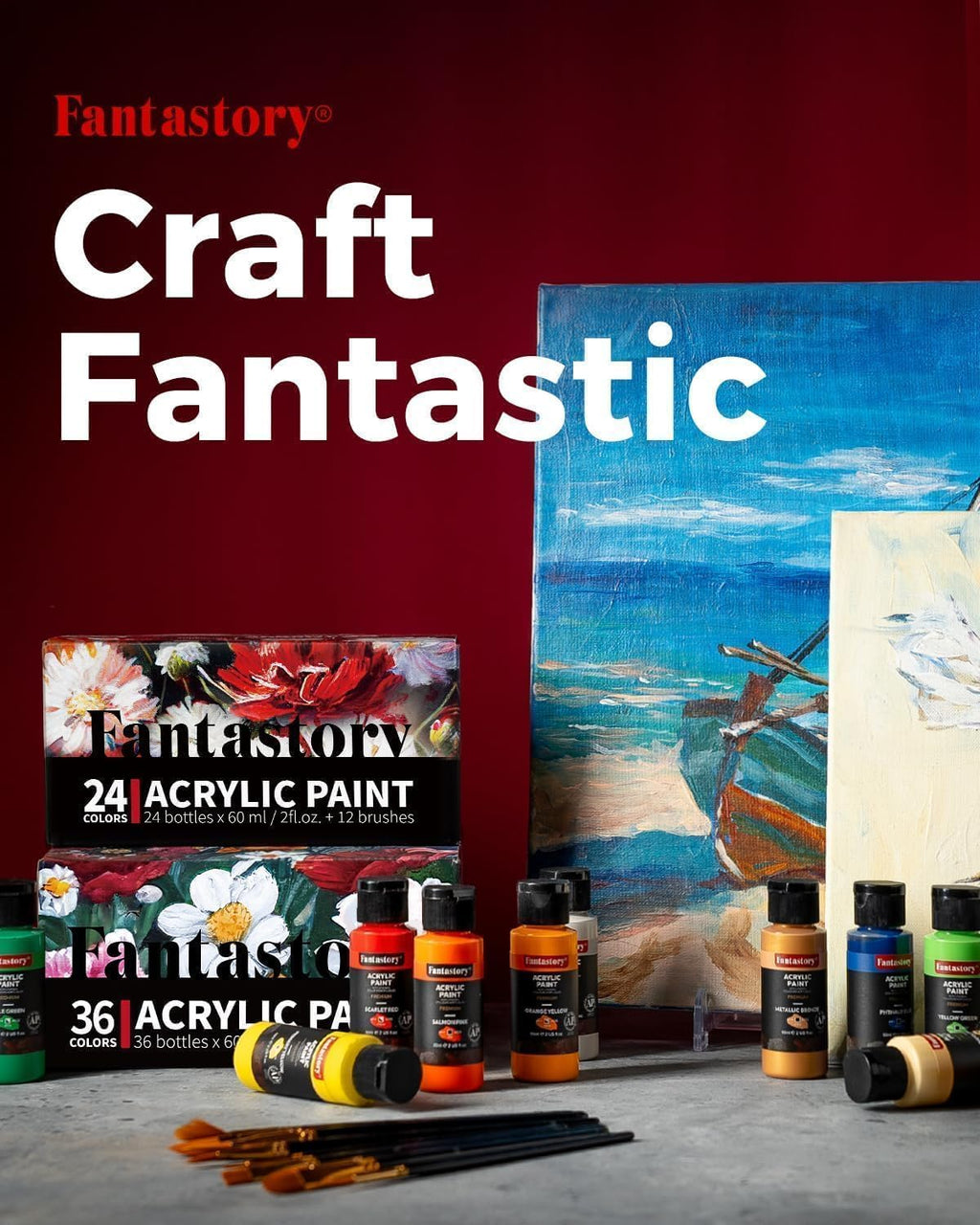 Fantastory Acrylic Paint, Set of 24 Colors(2 oz/Bottle), Water-Based, Non Toxic, Non Fading, Waterproof, Craft Acrylic Paint Kit for DIY Projects on Canvas, Wood, Glass, Clay, Fabric, Ceramic, Paper [Professional Series]