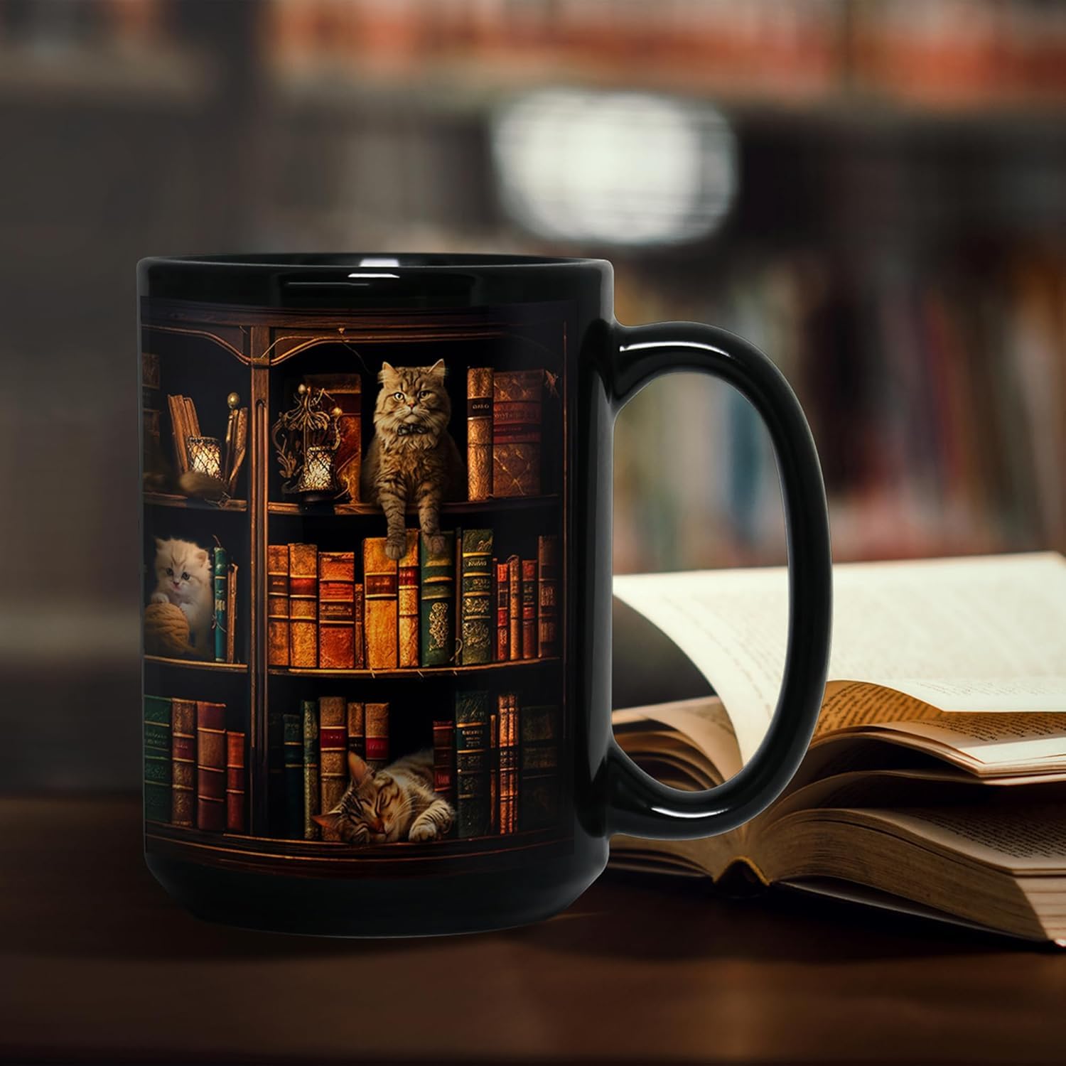 Cat Book Mug Book Lovers Gifts for Readers - Books Lover Bookish Gifts for Bookworm Women - Library Bookshelf Mug - Best Gift for Cat Lover - Reading Writer Women Black Coffee Cup 11oz