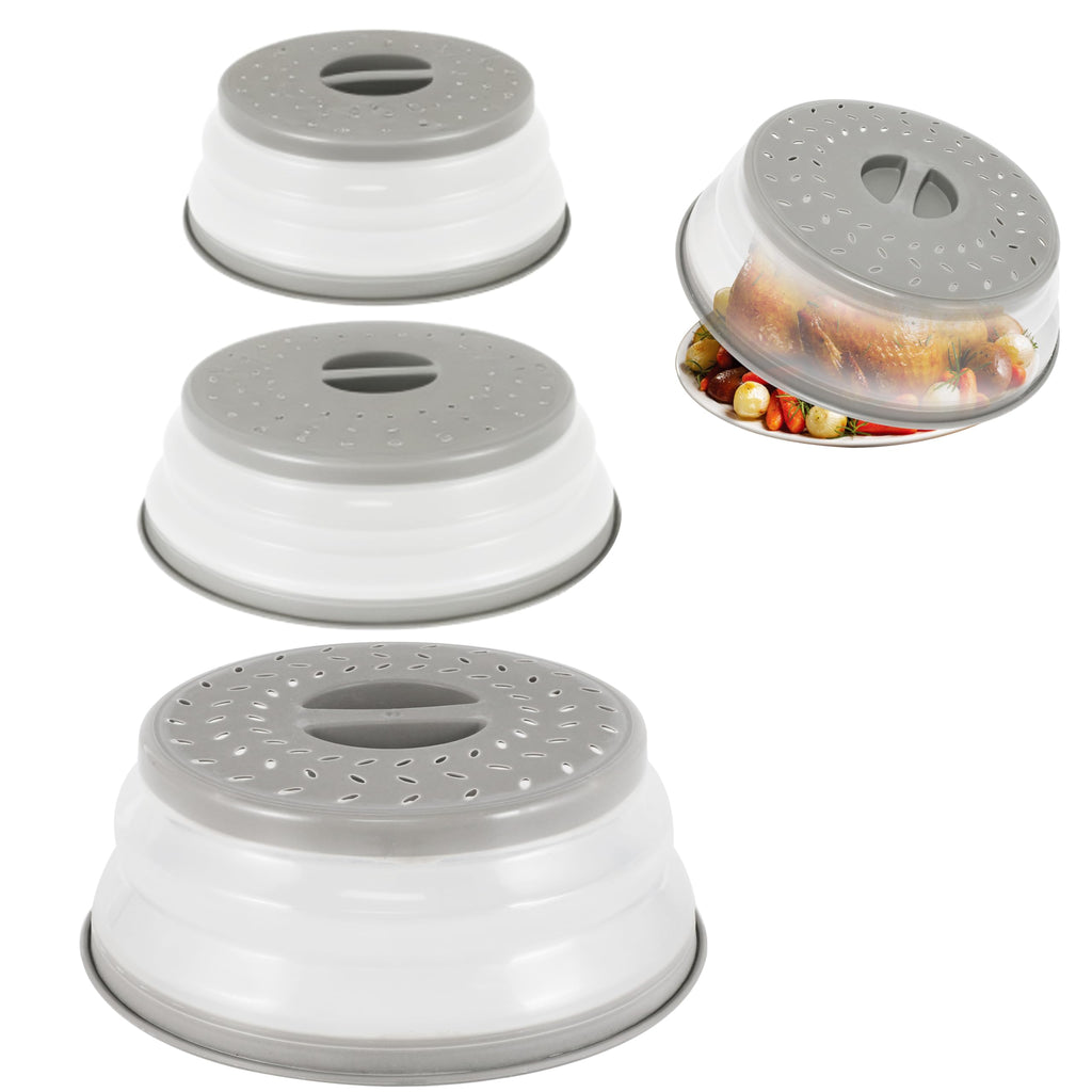 3 Pack Collapsible Microwave Food Covers, Splatter Guard,Vented Microwave Lid for Food, BPA free TPR, Dishwasher safe,Gray，Large, Medium, Small