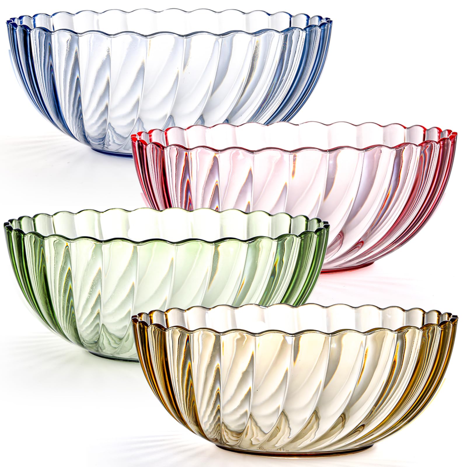 Fasmov 4 Pack Plastic Serving Bowls, Plastic Salad Mixing Bowls, 74oz Break Resistant Plastic Bowls for Salad, Fruit, Popcorn, Chip and Dip, Multicolor