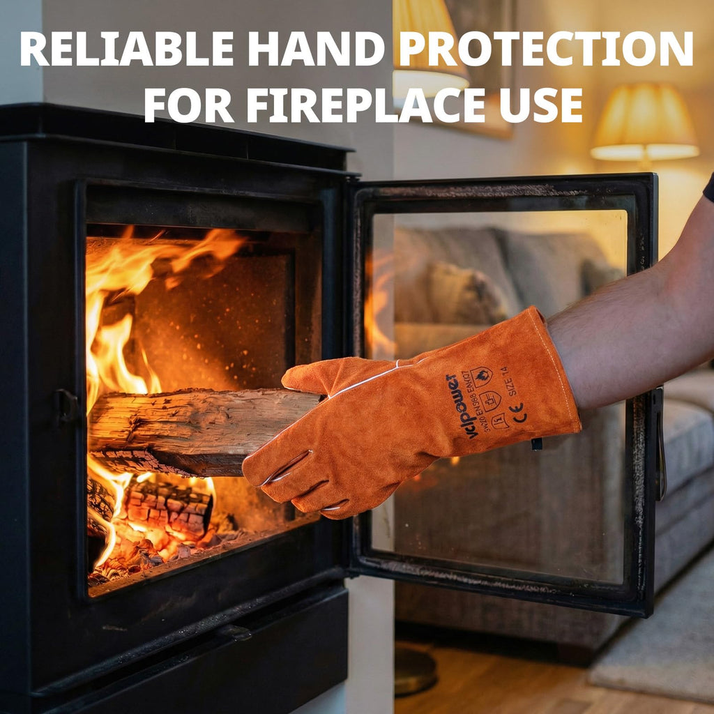 Vclpower Fireplace Gloves Fire Heat Resistant: 932°F Fireproof Leather for Fireplace Fire Pit Wood Stove Campfire Furnace BBQ Baking,Grill Oven Stick Mig Tig Welding Welder Gear for Man L 14in Brown