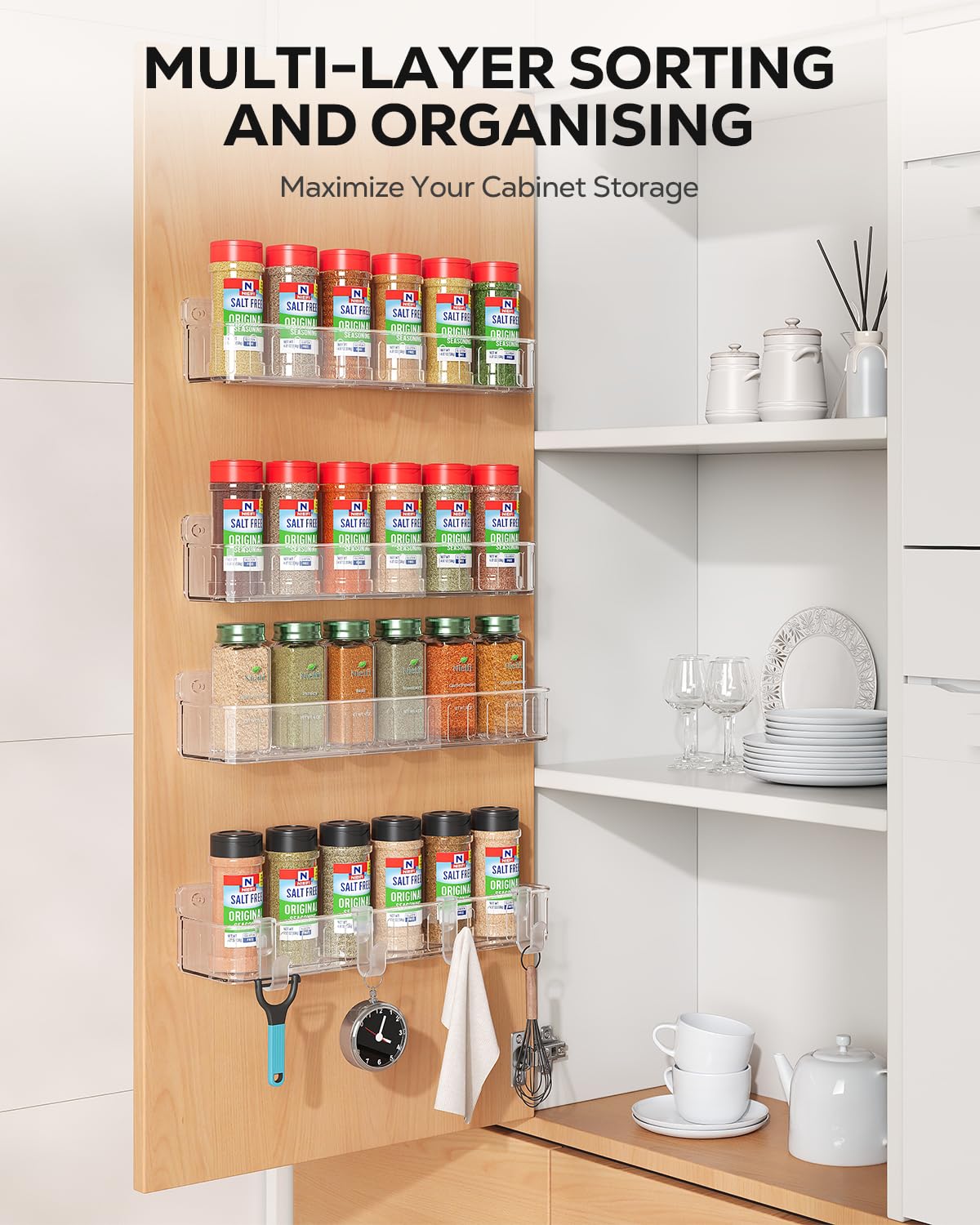 Nieifi Spice Rack Wall Mount, Spice Organizer for Spice Jars, Screw or Adhesive Hanging Spice Rack Organizer for Your Kitchen Cabinet or Pantry Door,4 Pack (Clear)