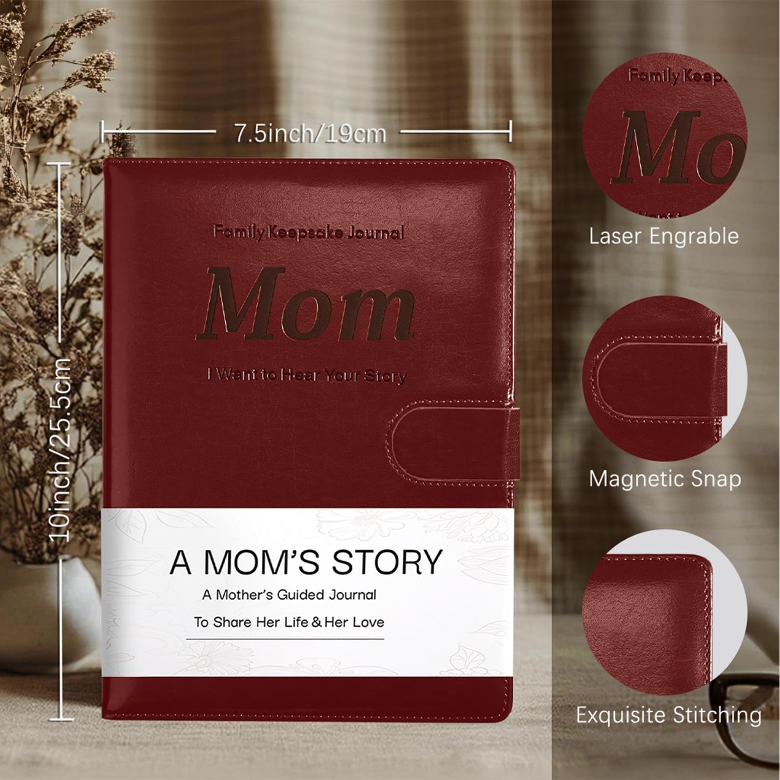 Artmag Mom's Life Story Journal with 250+ Prompt Questions, Family Keepsake Book Leather Cover for Mom to Share Her Memories for Birthday Mother's Day Christmas (Red)