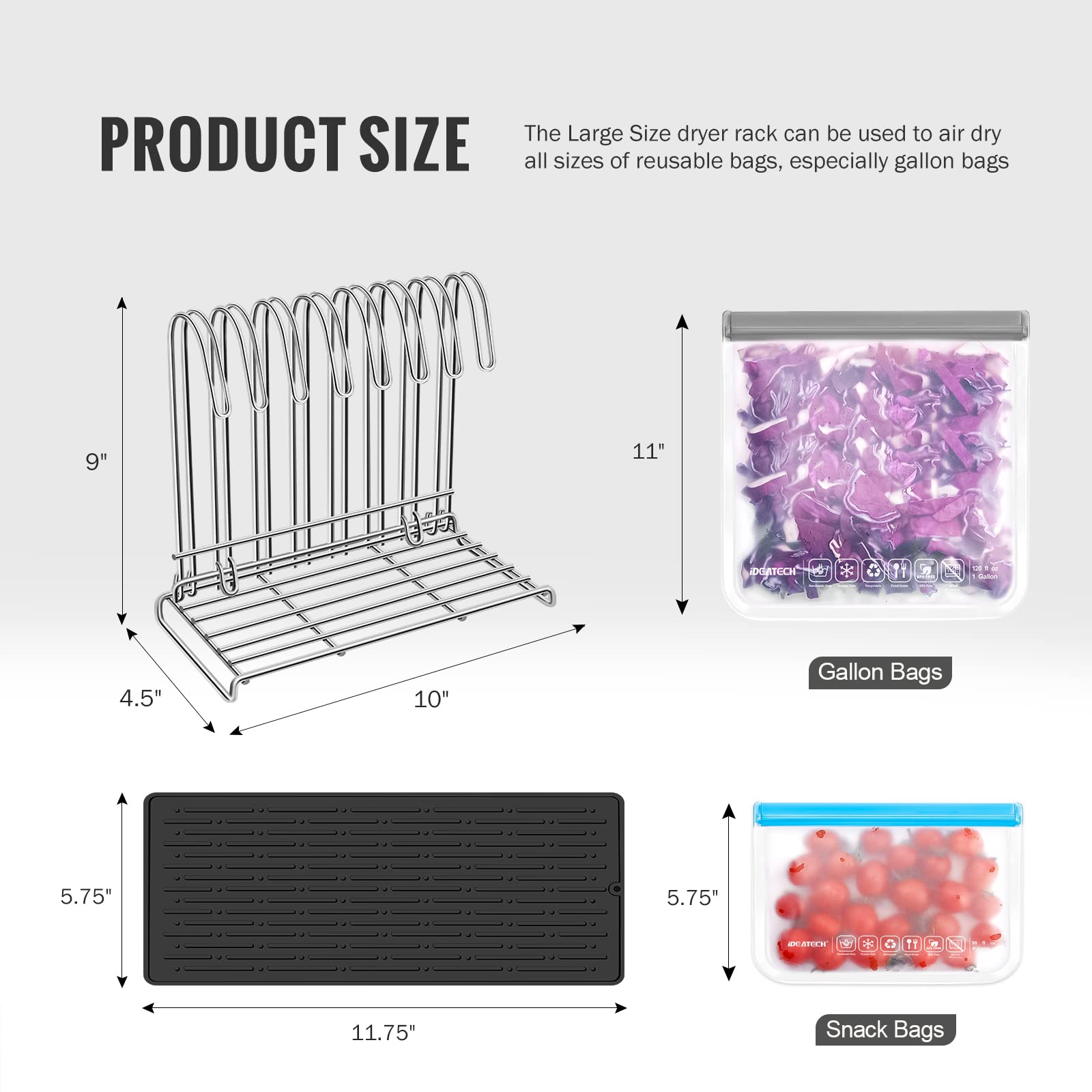 IDEATECH Reusable Bag Rack with Cup Drying Mat,Plastic Bag Dryer Rack Dish Drying,Collapsible Kitchen Counter Storage Organizer Sponge Holder for Silicone Storage Bag,Kitchen Must Have