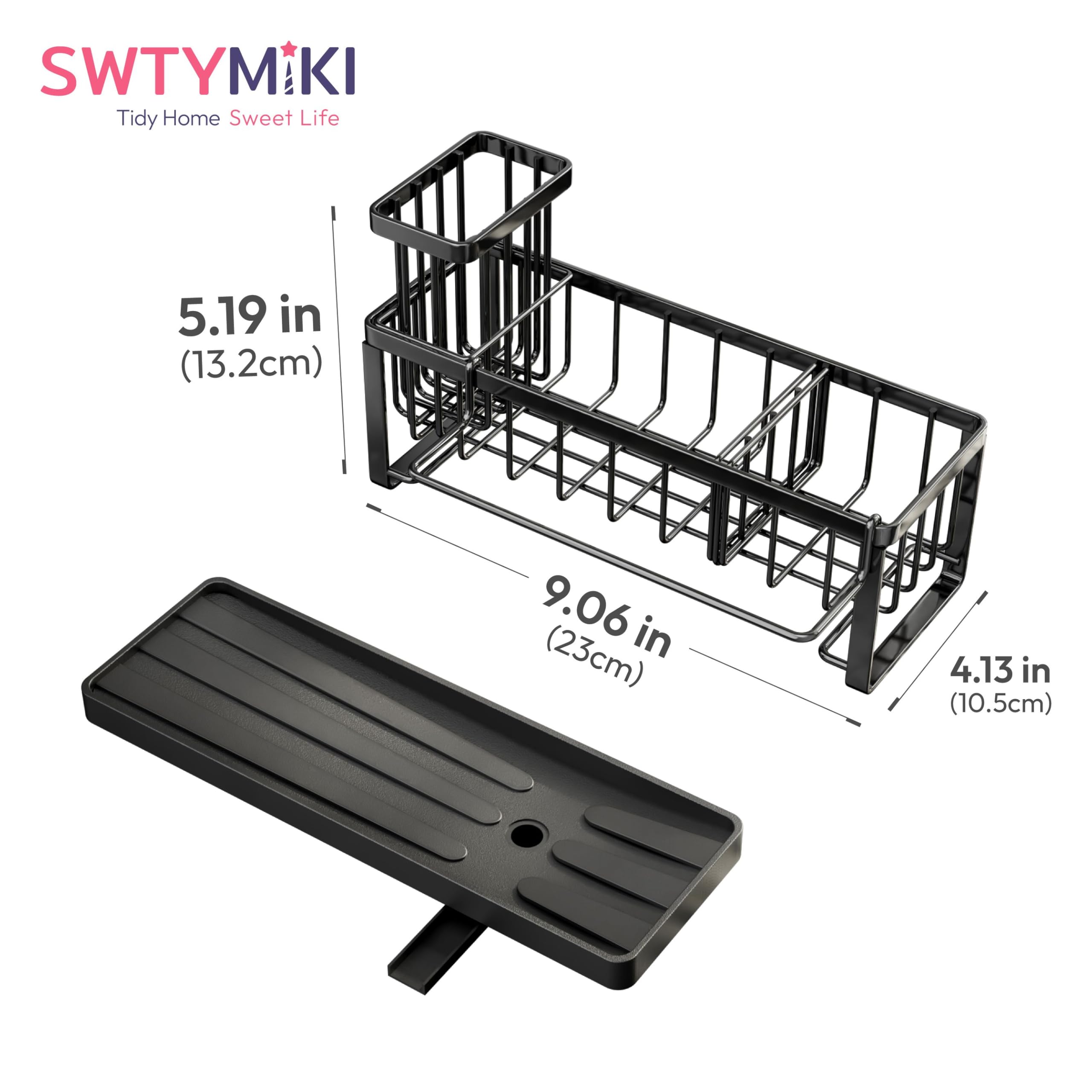 SWTYMIKI Sponge Holder for Kitchen Sink - Kitchen Sink Caddy Organzier with Auto Draining Tray & Brush Holder, Stainless Steel Dish Sponge Holder with Divider for Countertop, Black