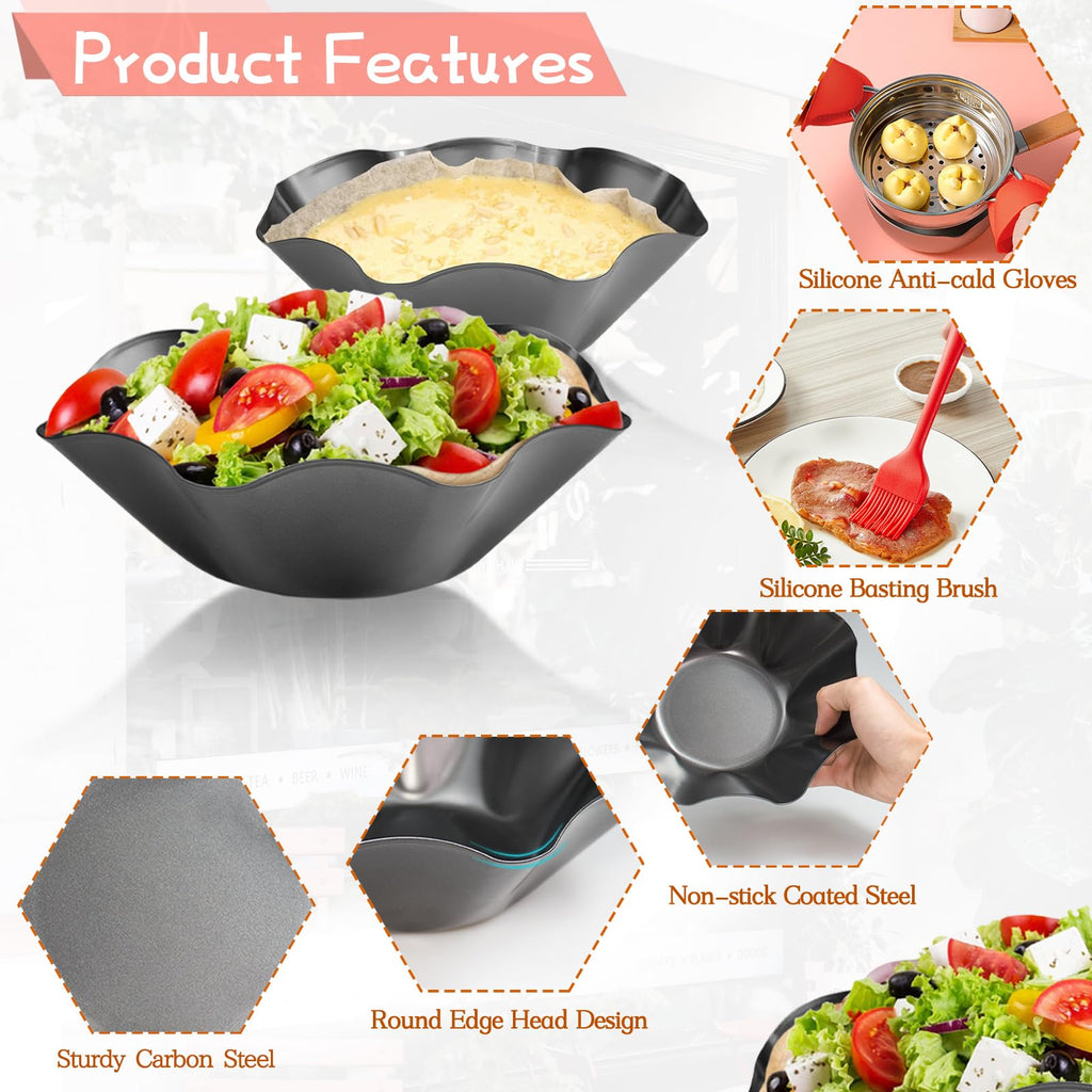 DSVENROLY 6Pcs Large-Nonstick Tortilla Shell Maker, 8.4-inch Taco Salad Bowl Pans Set with Silicone Gloves and Basting Brush, Carbon Steel Fluted Pan Baking Molds for Kitchen