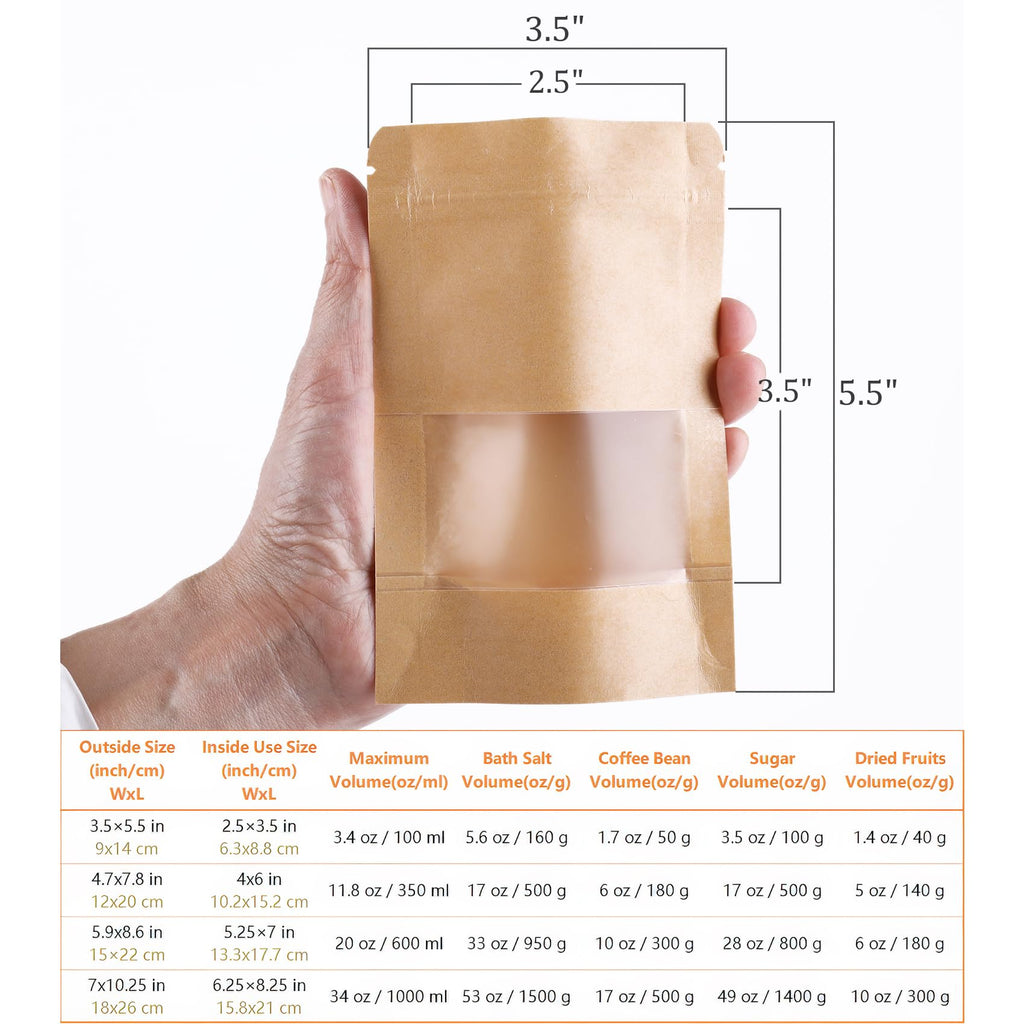 Kingrol 300 Count 3.5 x 5.5 Inch Kraft Paper Bags with Resealable Lock Seal Zipper &Transparent Window, Stand Up Food Bags