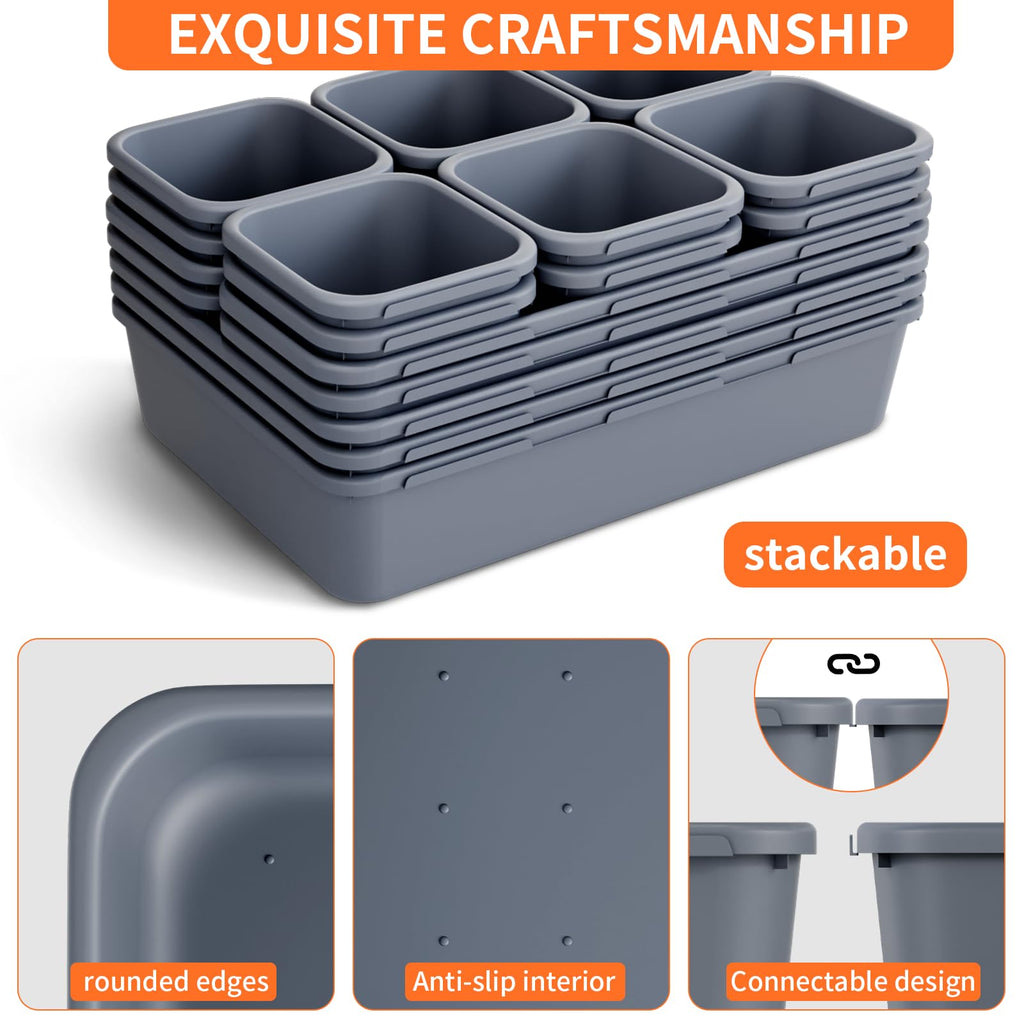 Giklux 45 Pack Grey Plastic Drawer Organizers, 3 Sizes, Office, Kitchen, Bathroom, Vanity, Makeup, Gadget Trays