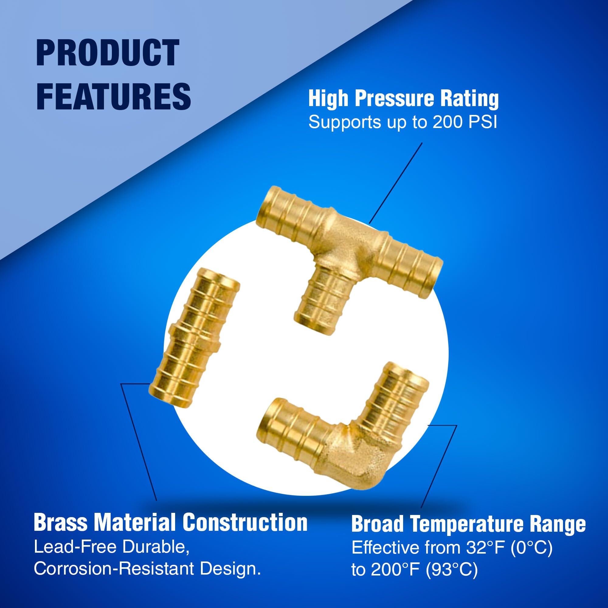 New Age America® 18pcs 1/2" PEX Fittings AquaFlow 360™ | 6 Elbow + 6 Tee + 6 Coupling | 1/2 Inch Brass | Barb PEX Fittings for PEX Pipe | Lead-Free Fittings | NSF, UPC, CUPC, ASTM F1807 Certified