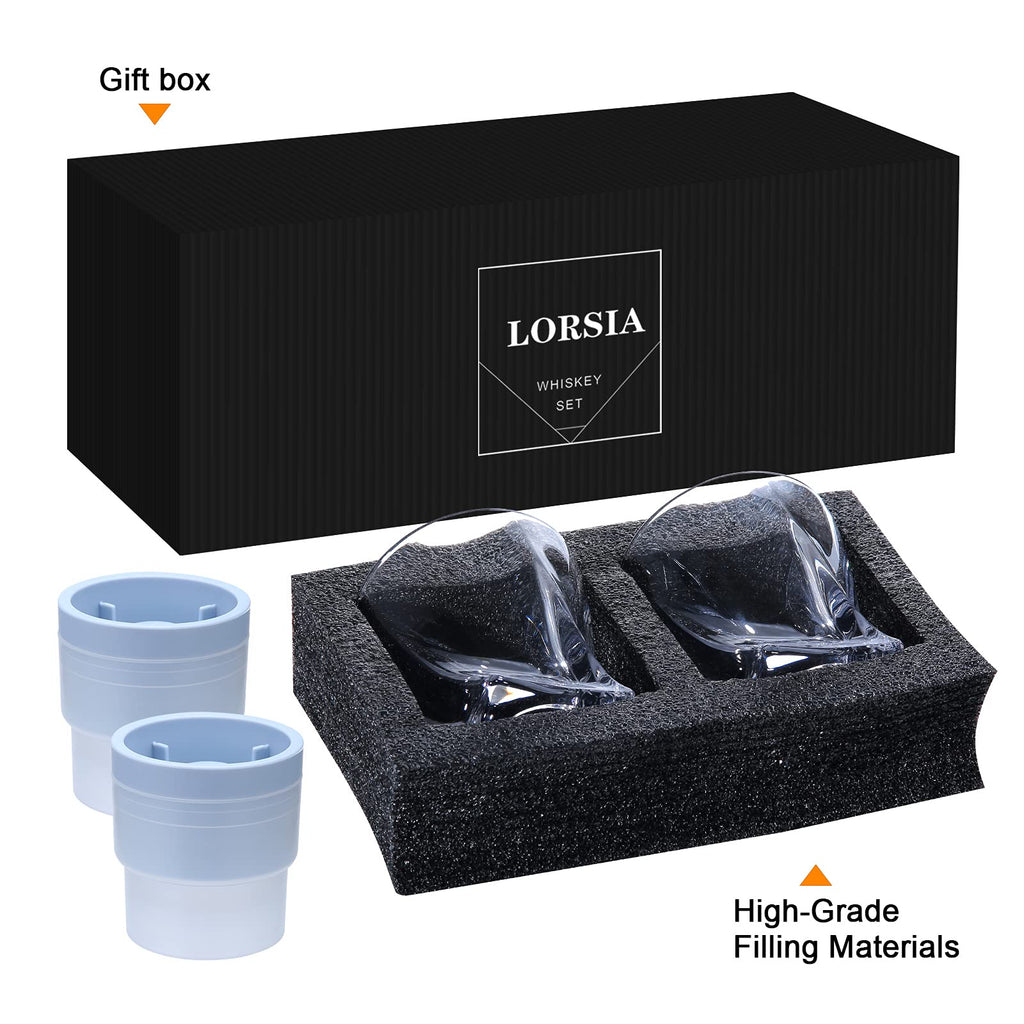 Whiskey Rocks Glass, Set of 4 (2 Crystal Bourbon Glasses, 2 Round Big Ice Ball Molds) in Gift Box - 11 Oz Old Fashioned Glasses for Scotch Cocktail Rum Cognac Vodka Liquor, Unique Gifts for Men…