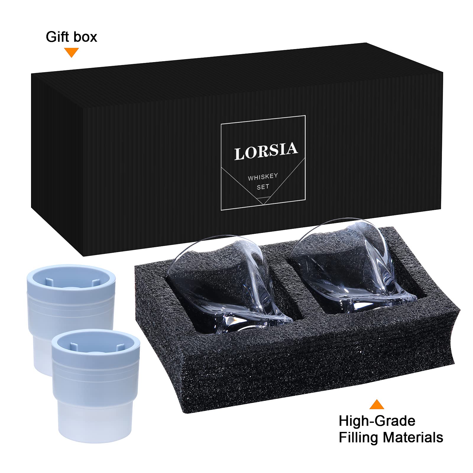 Whiskey Rocks Glass, Set of 4 (2 Crystal Bourbon Glasses, 2 Round Big Ice Ball Molds) in Gift Box - 11 Oz Old Fashioned Glasses for Scotch Cocktail Rum Cognac Vodka Liquor, Unique Gifts for Men…