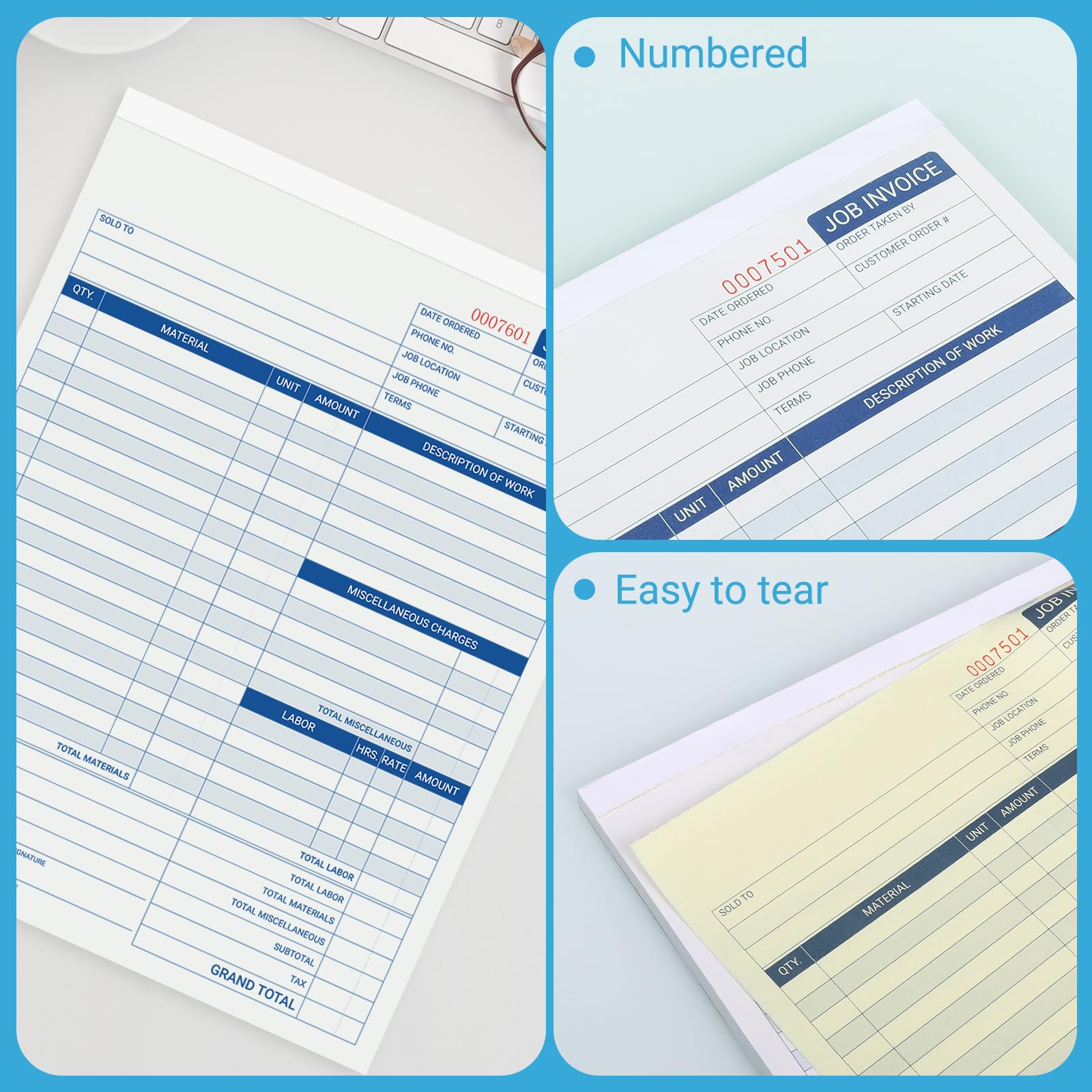 suituts 150 Sets Job Work Books, 2 Part Carbonless, 8.5X11 Inch Job Invoice Forms, Contractor Invoice Book and Repair Billing (50 Sets Each Pad, 3 Pad)