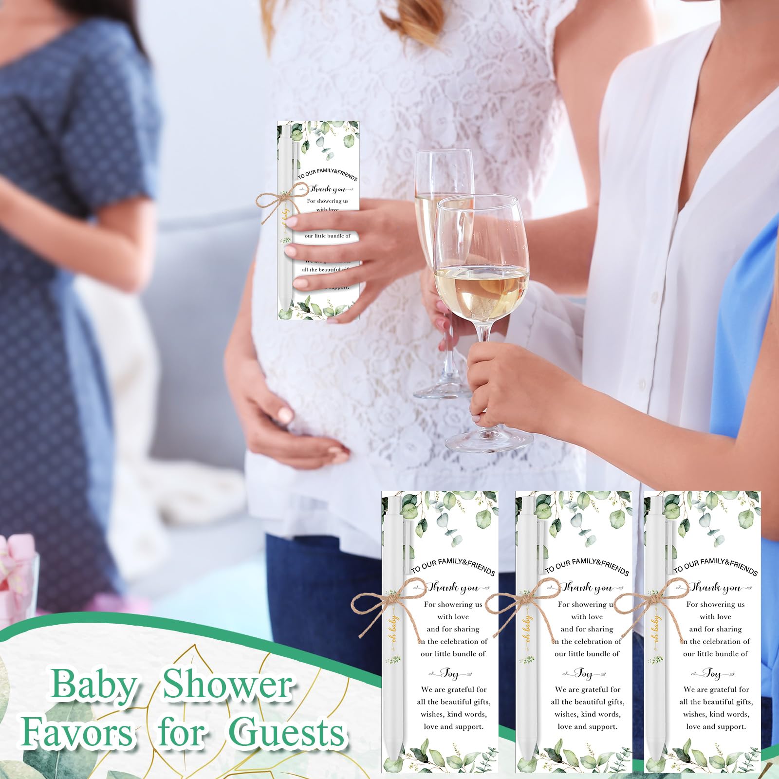 PIAOPIAONIU 36 Sets Baby Shower Favors for Guests Oh Baby Plastic Ballpoint Pens Thank You Cards with Hemp Rope for Gender Reveal Party Game Prizes Souvenirs (Greenery)