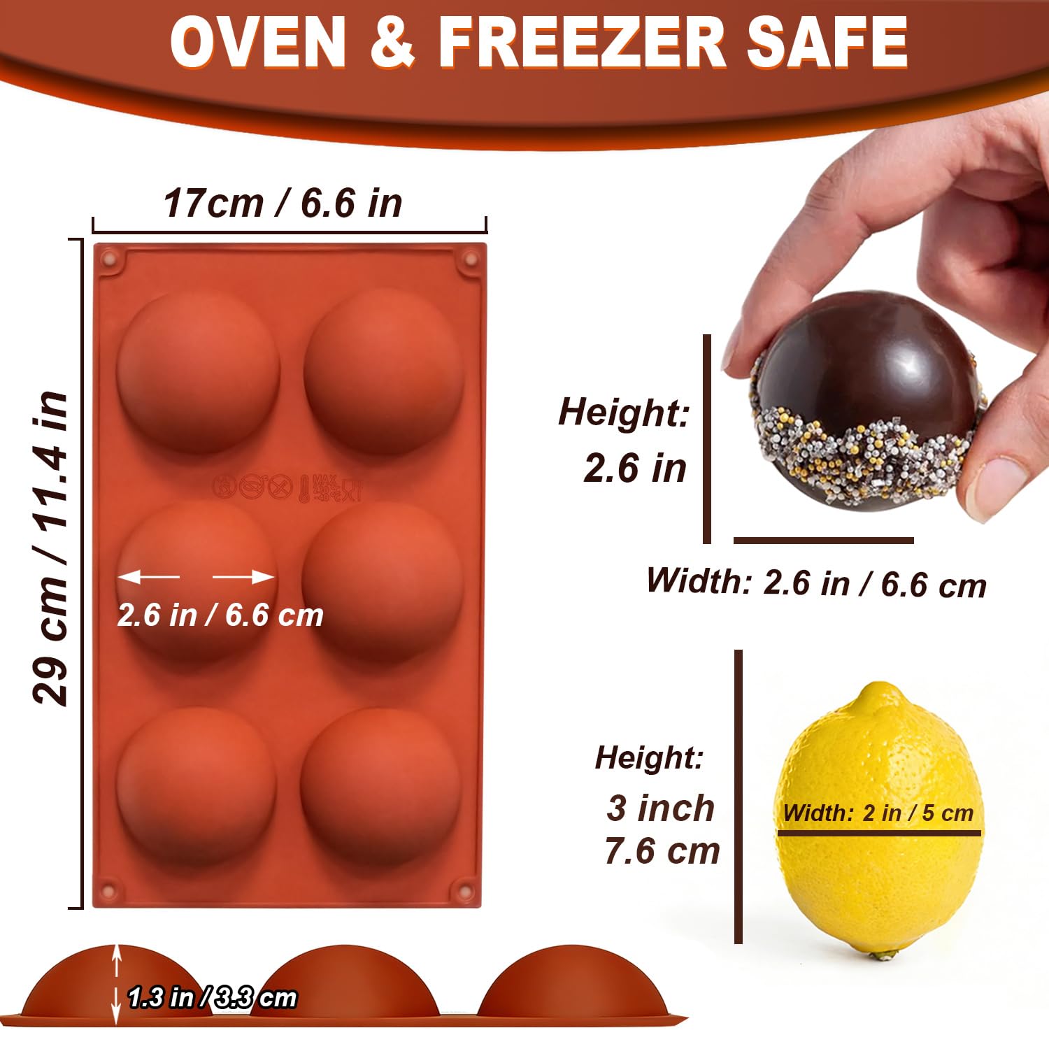 Lerykin 3 Pack Large 6-Cavity Semi Sphere Silicone Molds, Non-Stick Baking Mold for Making Standard Size Hot Chocolate Bomb, Cake, Jelly, Dome Mousse