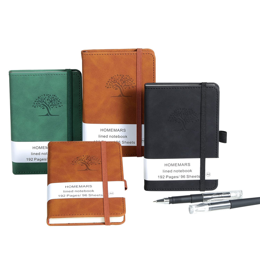 Notebooks, Notepad, Mini Notebook, 3 Pack with Pen,HOMEMARS Pocket Notebook, Lined Paper, 3.7" x 5.7"Leather, Brown, Green, Black, 192 Pages Each, Hardcover, Journal Notepad, Embossing Tree Design