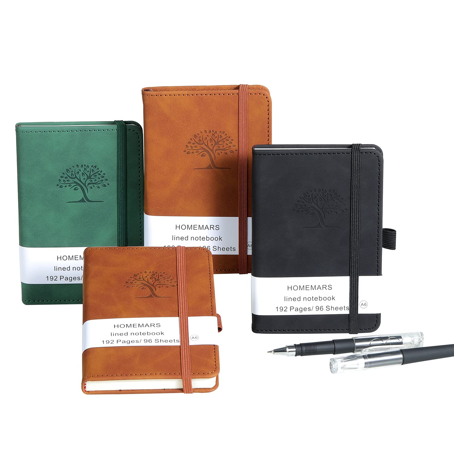 Notebooks, Notepad, Mini Notebook, 3 Pack with Pen,HOMEMARS Pocket Notebook, Lined Paper, 3.7" x 5.7"Leather, Brown, Green, Black, 192 Pages Each, Hardcover, Journal Notepad, Embossing Tree Design