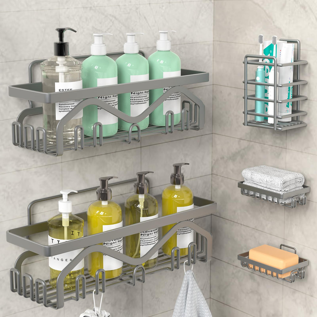 Coraje Adhesive Shower Caddy, 5-Pack Shower Shelves, Large Capacity Load Bearing 40 LBS Shower Organizer, No Drilling Shower Shelf, Rustproof Bathroom Shower Storage, Grey