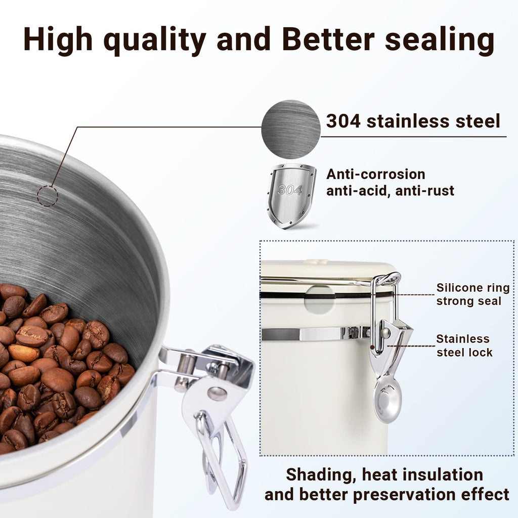 Coffee Container,Airtight Coffee Canister,16 OZ Stainless Steel Kitchen Food Savers for Coffee Beans,Grounds,Tea,Cereal,Sugar,Coffee Jar with Date Tracker and Scoop,Beige.
