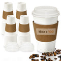 16oz Disposable Coffee Cups with Lids and Sleeves – Set of 100 Disposable Cups for Hot and Cold Drinks – White Paper Cups with Lids and Covers for Thermal Protection – 100 Units, 16oz Each