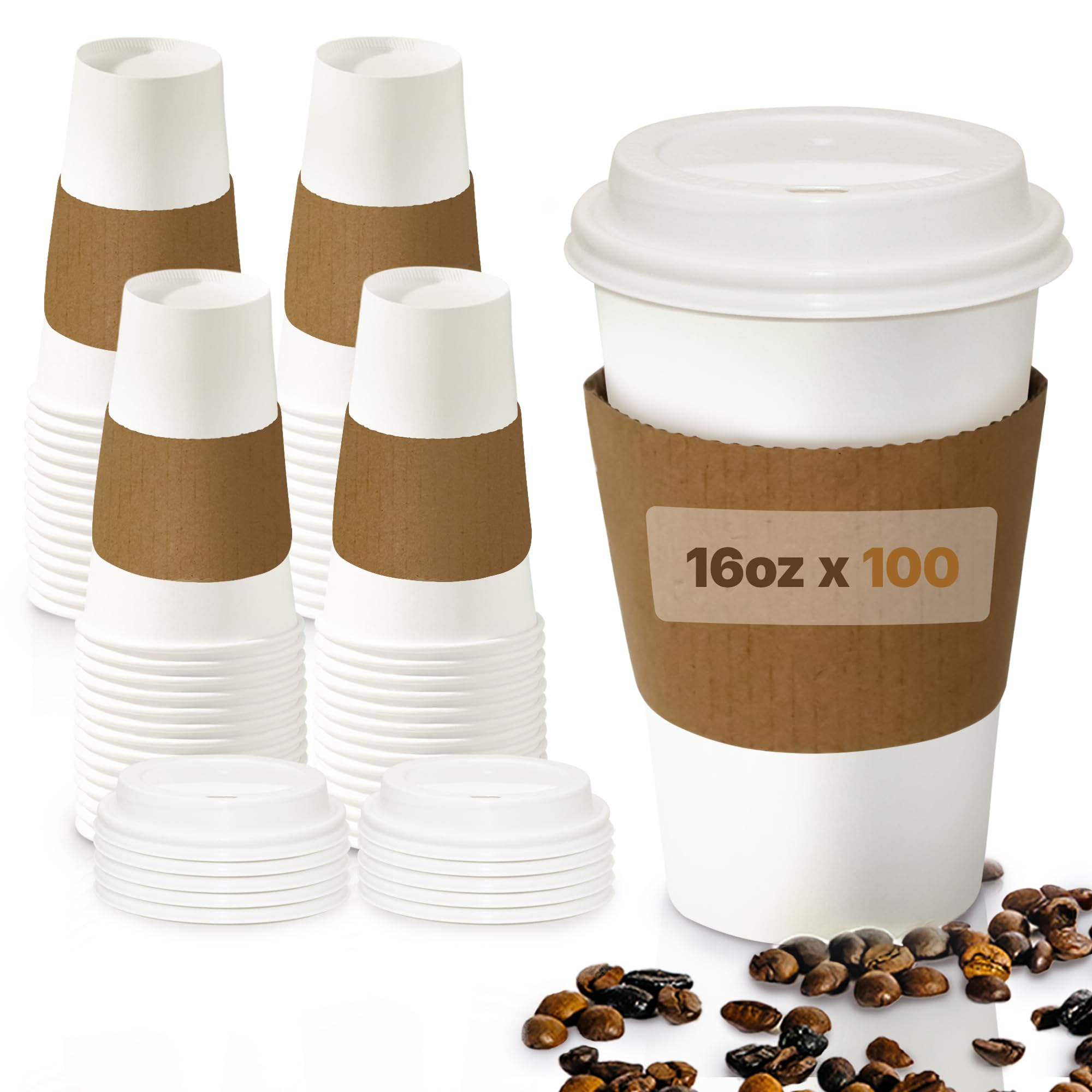 16oz Disposable Coffee Cups with Lids and Sleeves – Set of 100 Disposable Cups for Hot and Cold Drinks – White Paper Cups with Lids and Covers for Thermal Protection – 100 Units, 16oz Each