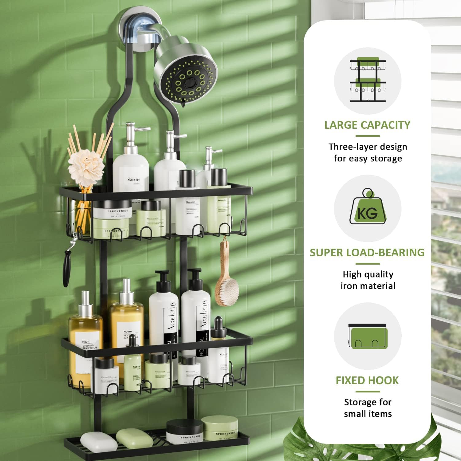 Shower Caddy Hanging, Bathroom Organizers Shelves over Shower Head, Anti-Swing Shower Organizer Shower Shelf, Hanging Shower Caddy with Hooks