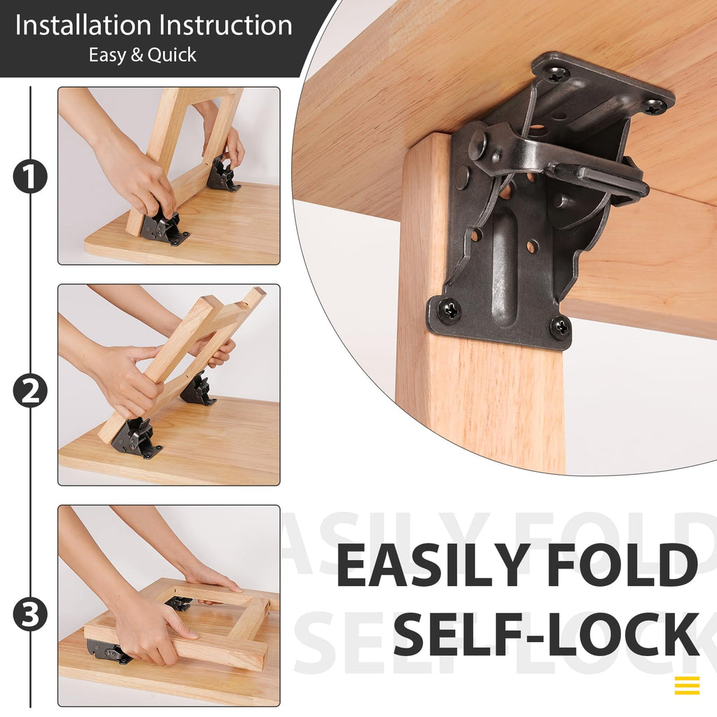 4 Pack Folding Brackets, Self-Lock Hinge with Screws for Folding Table Legs, Lock Extension Support Bracket Bed Legs, Black